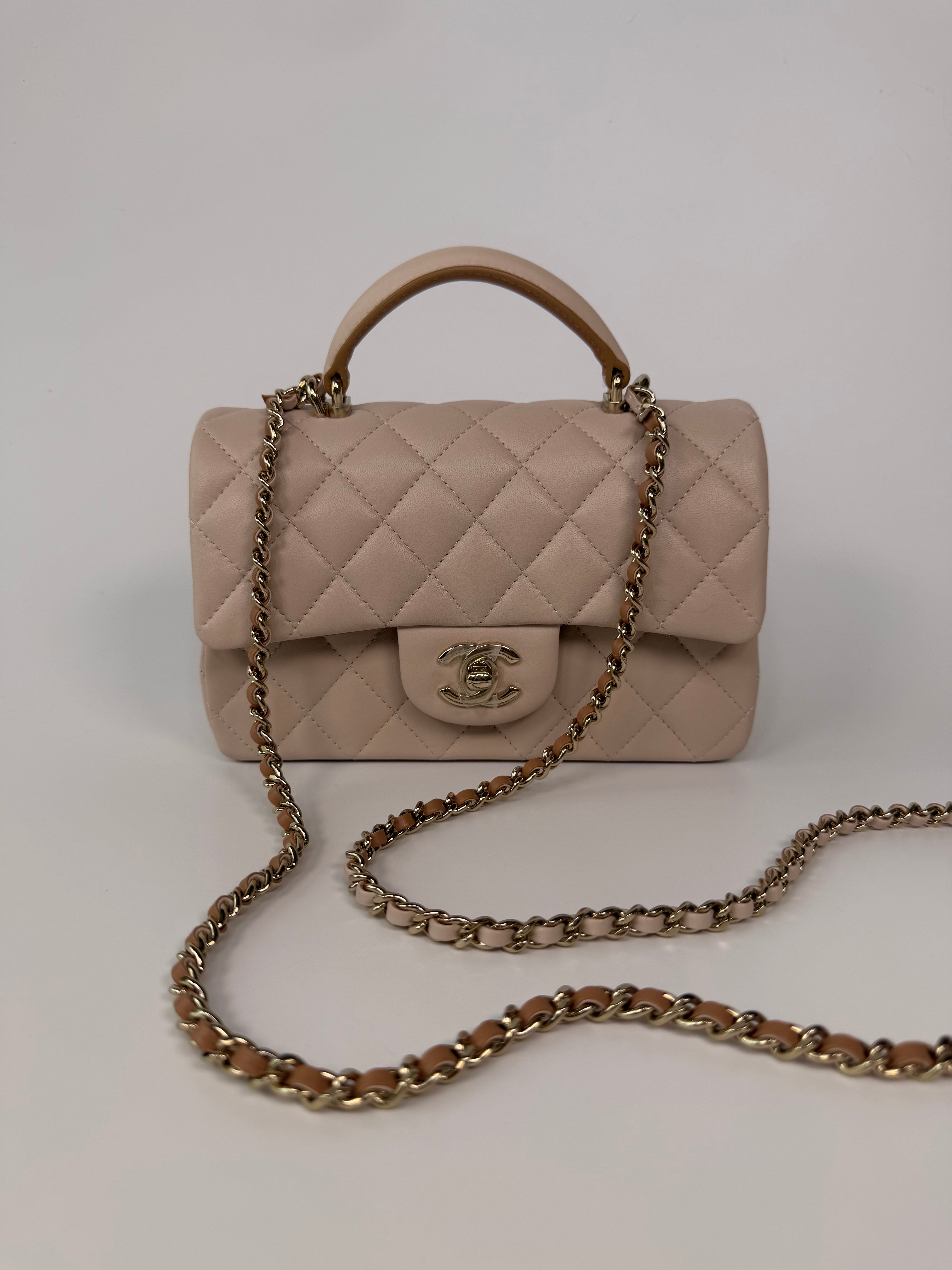 Chanel Mini Rectangle Top Handle In Light Beige Lambskin Leather With Pale Gold Hardware