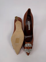 Monolo Blahnik  Hangisi 90 Brown satin pumps (Size 39/UK6)