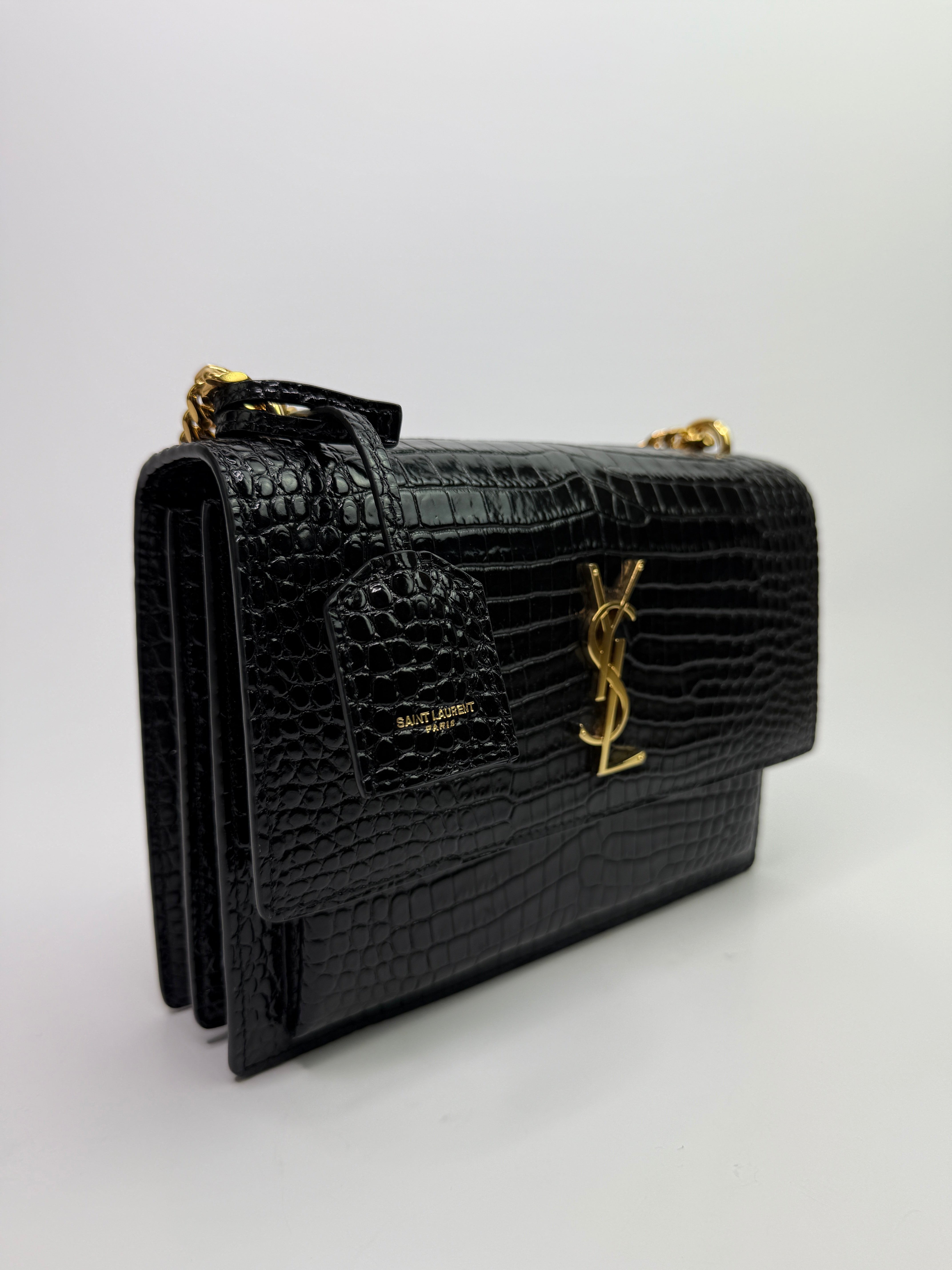 Saint Laurent Black Croc Embossed Sunset Bag