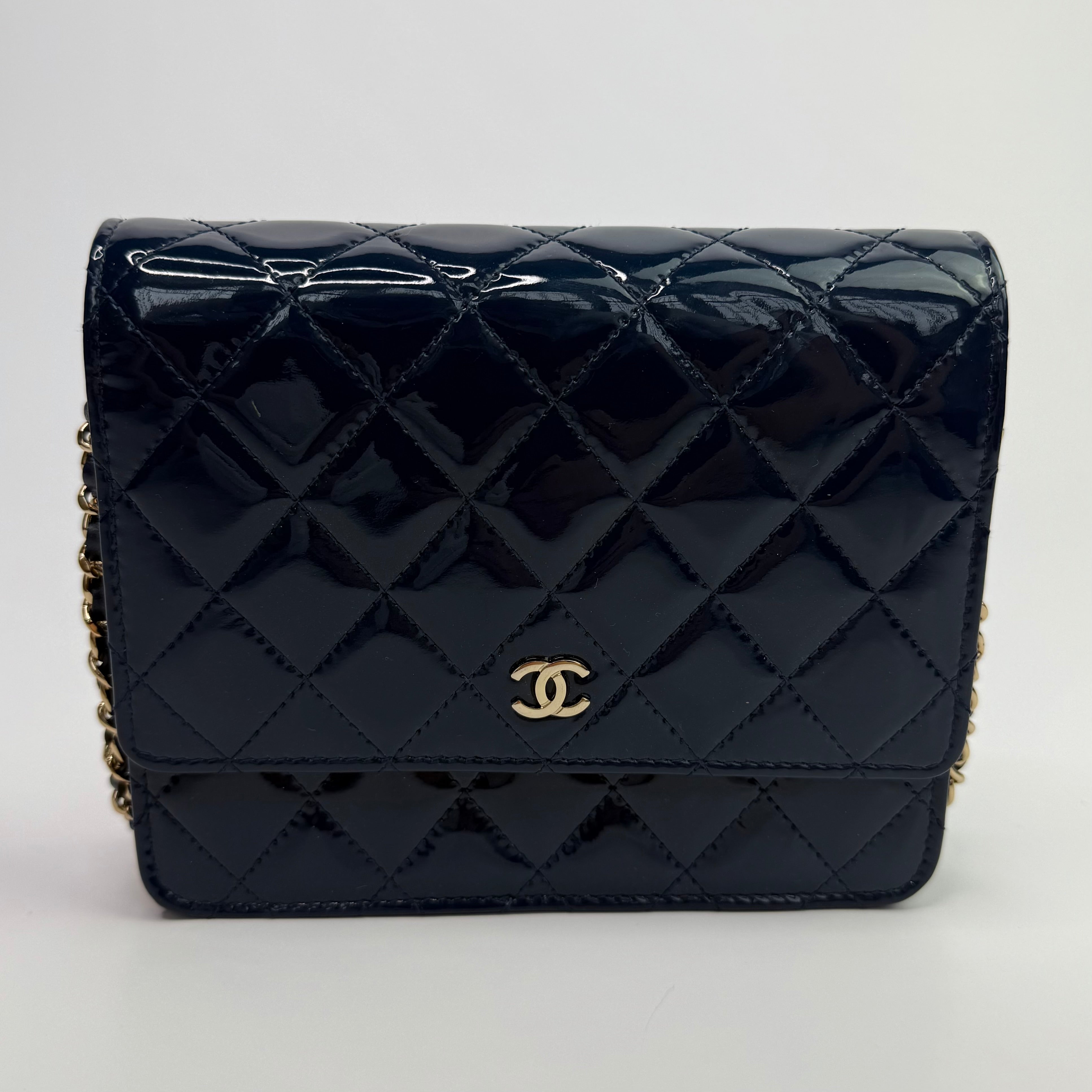 Chanel Square Wallet On Chain In Patent Navy Leather GHW