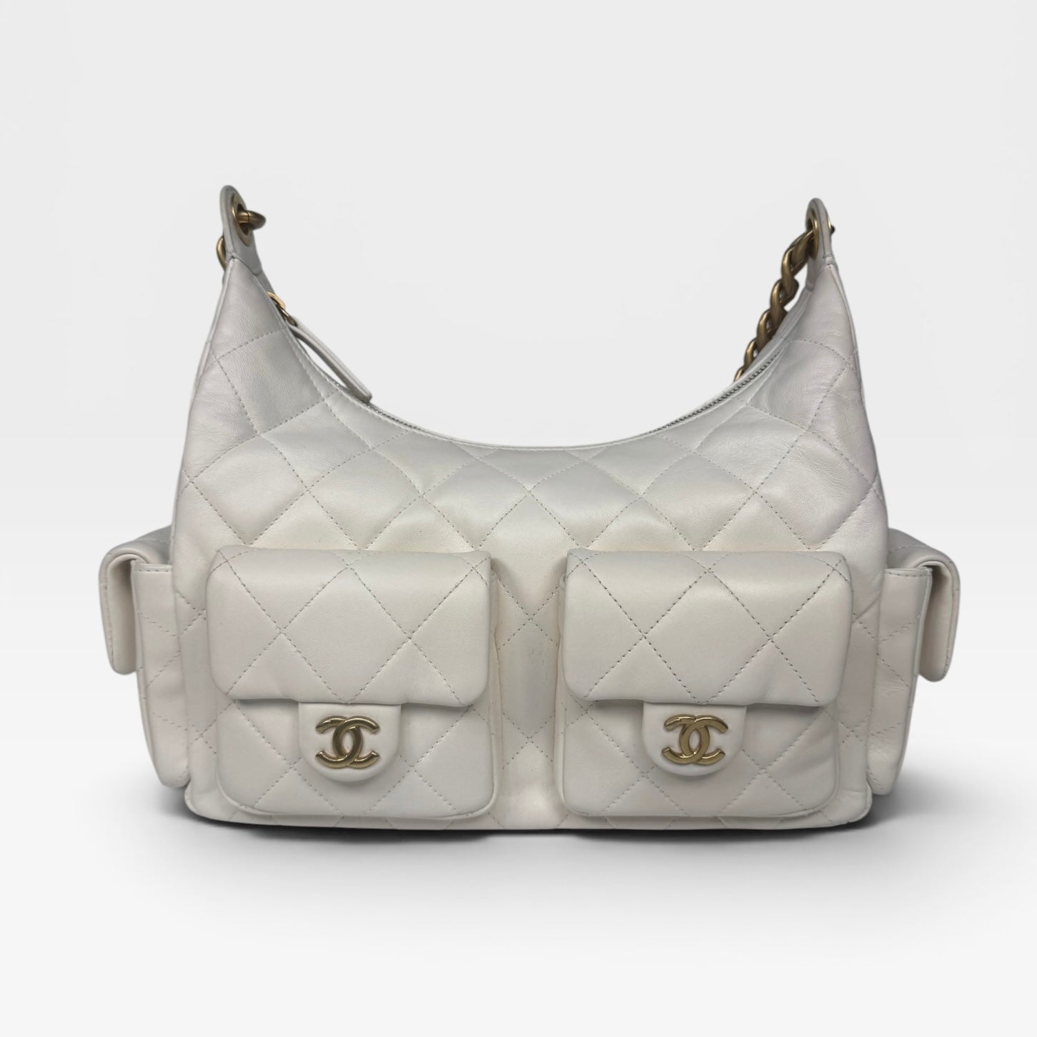 Chanel Quilted Pockets Bag In White Lambskin Leather With Gold Hardware