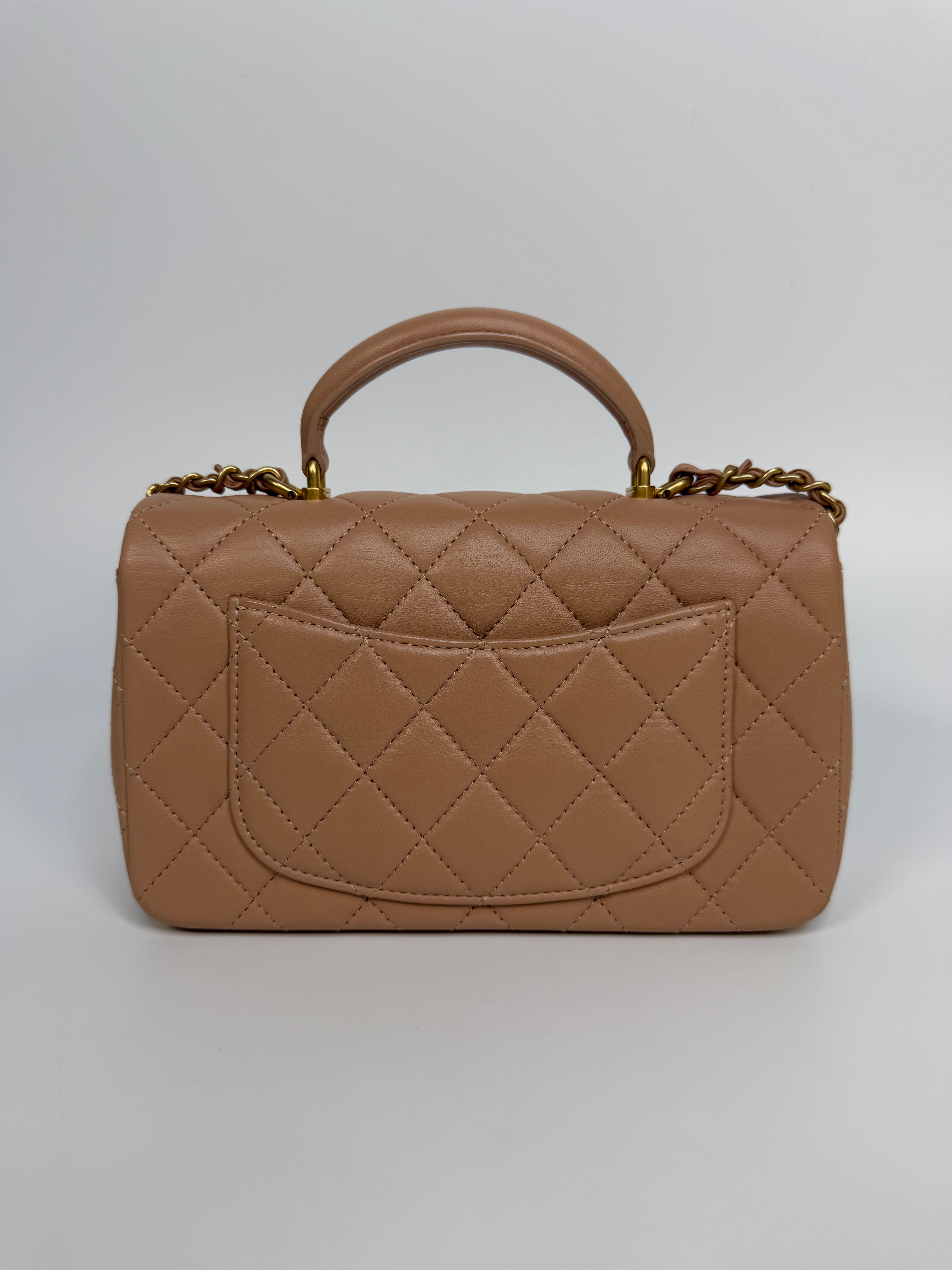 Chanel Mini Rectangle Top Handle In Beige Lambskin Leather Gold Hardware