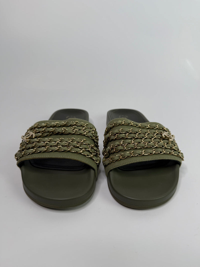 Chanel Chain Embellished Canvas CC Flat Slides  (Size 38/UK 5)