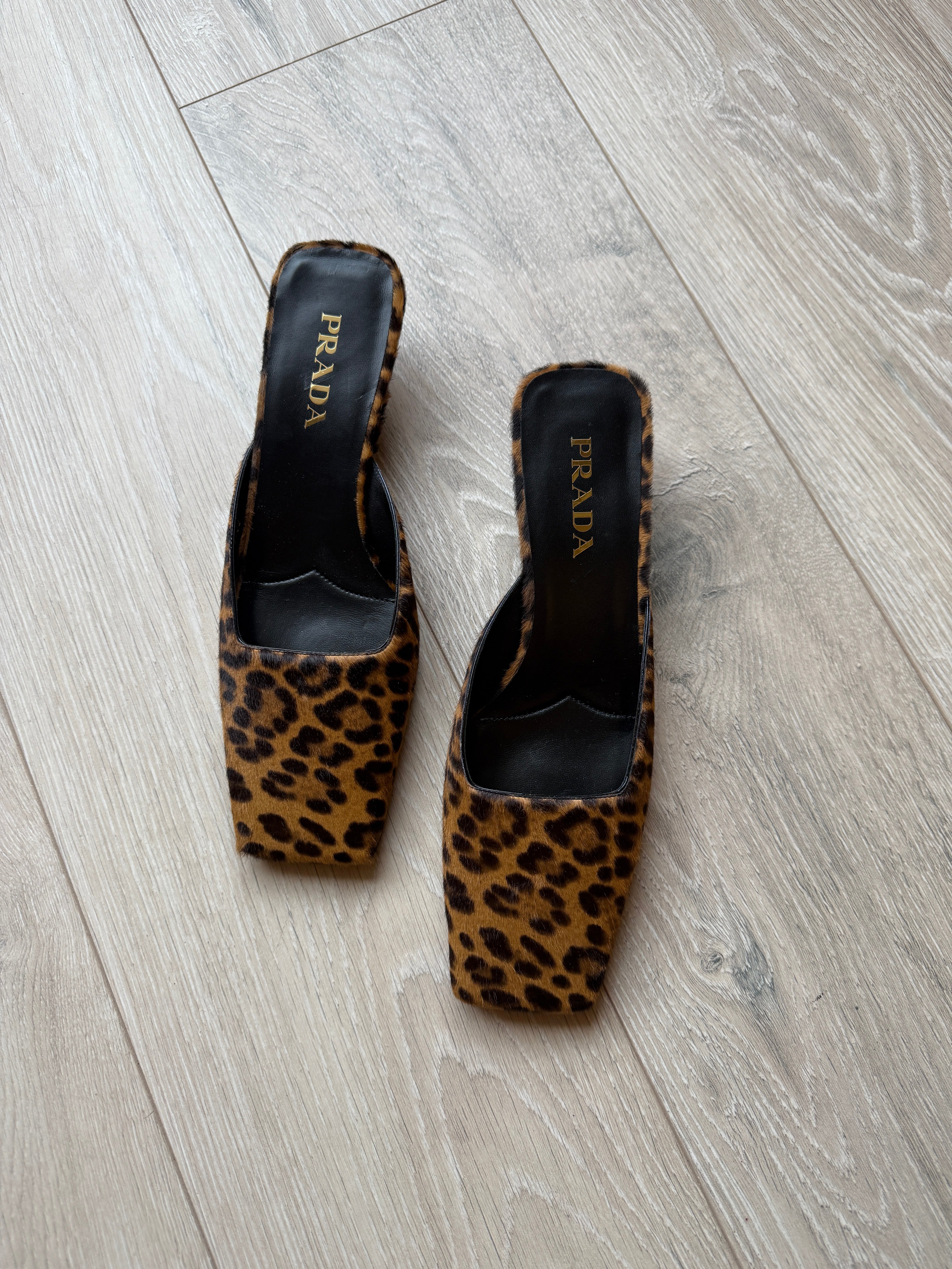 Prada Square Toe Leopard-Print Heeled Mules (Size 39.5/UK6.5)