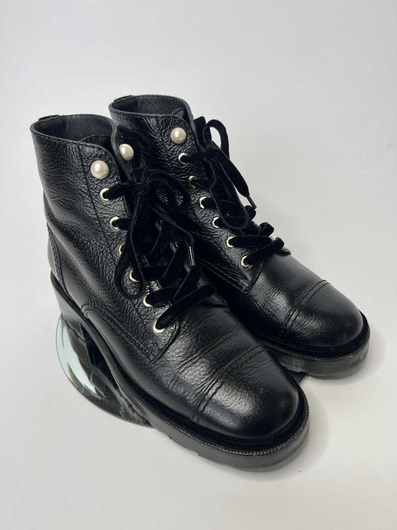 Chanel Black Leather Pearl Boots (Size 39.5 /UK6.5)