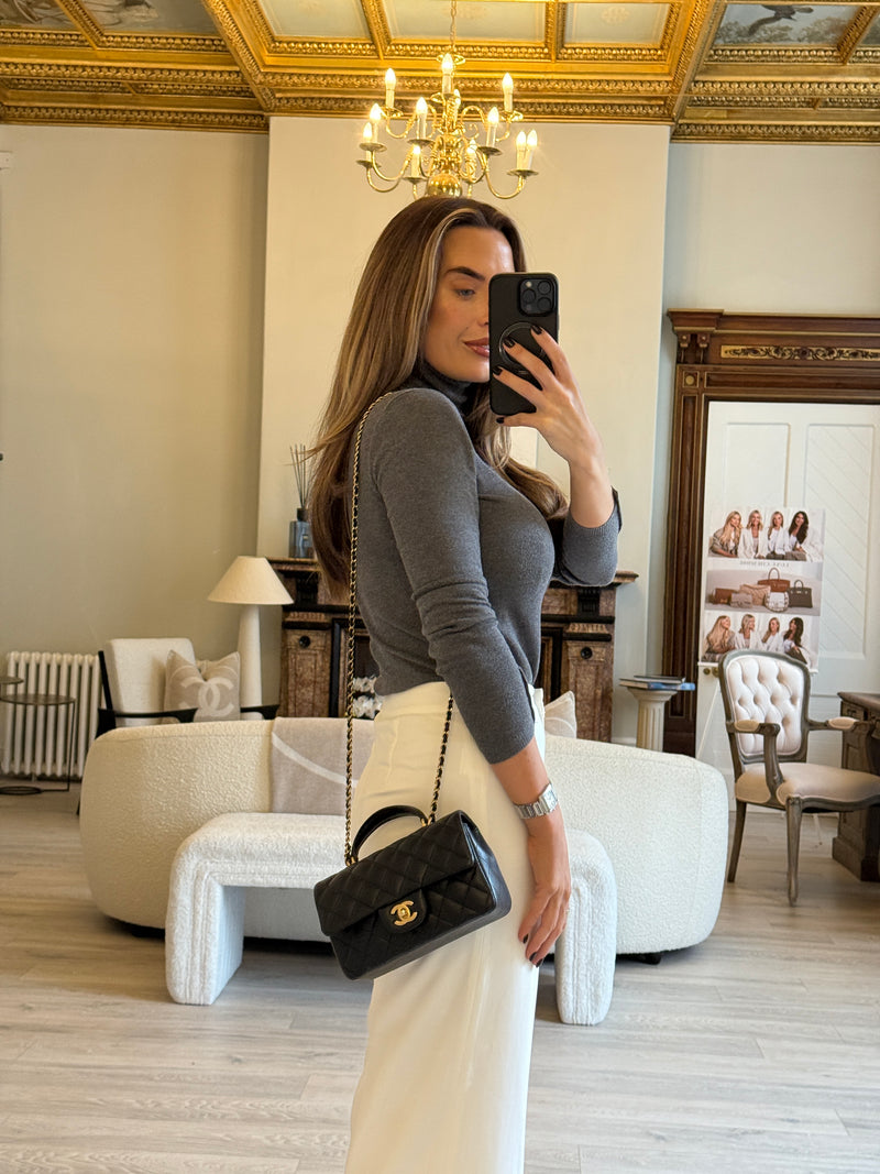 Chanel Mini Rectangle Top Handle Flap Bag In Black Lambskin With GHW