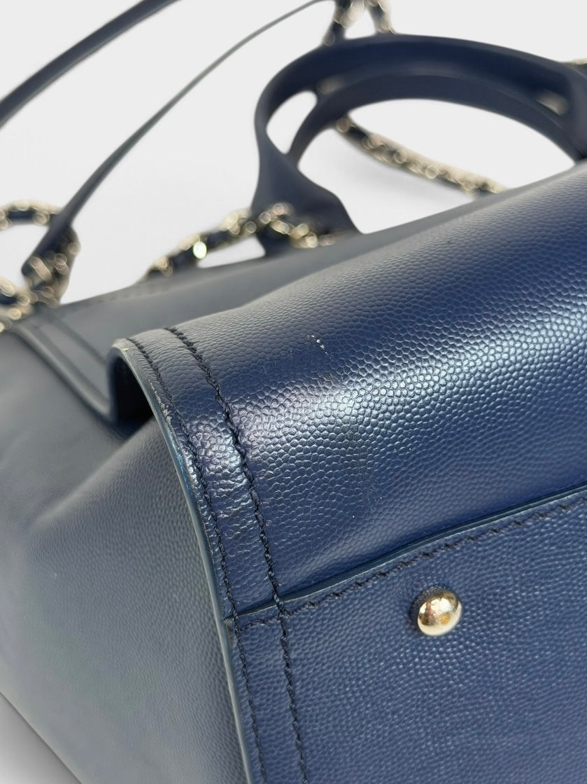 Chanel Medium Deauville In Blue Leather With Silver Hardware. Authentic and preloved in very good condition. 100% Luxe guarantee 