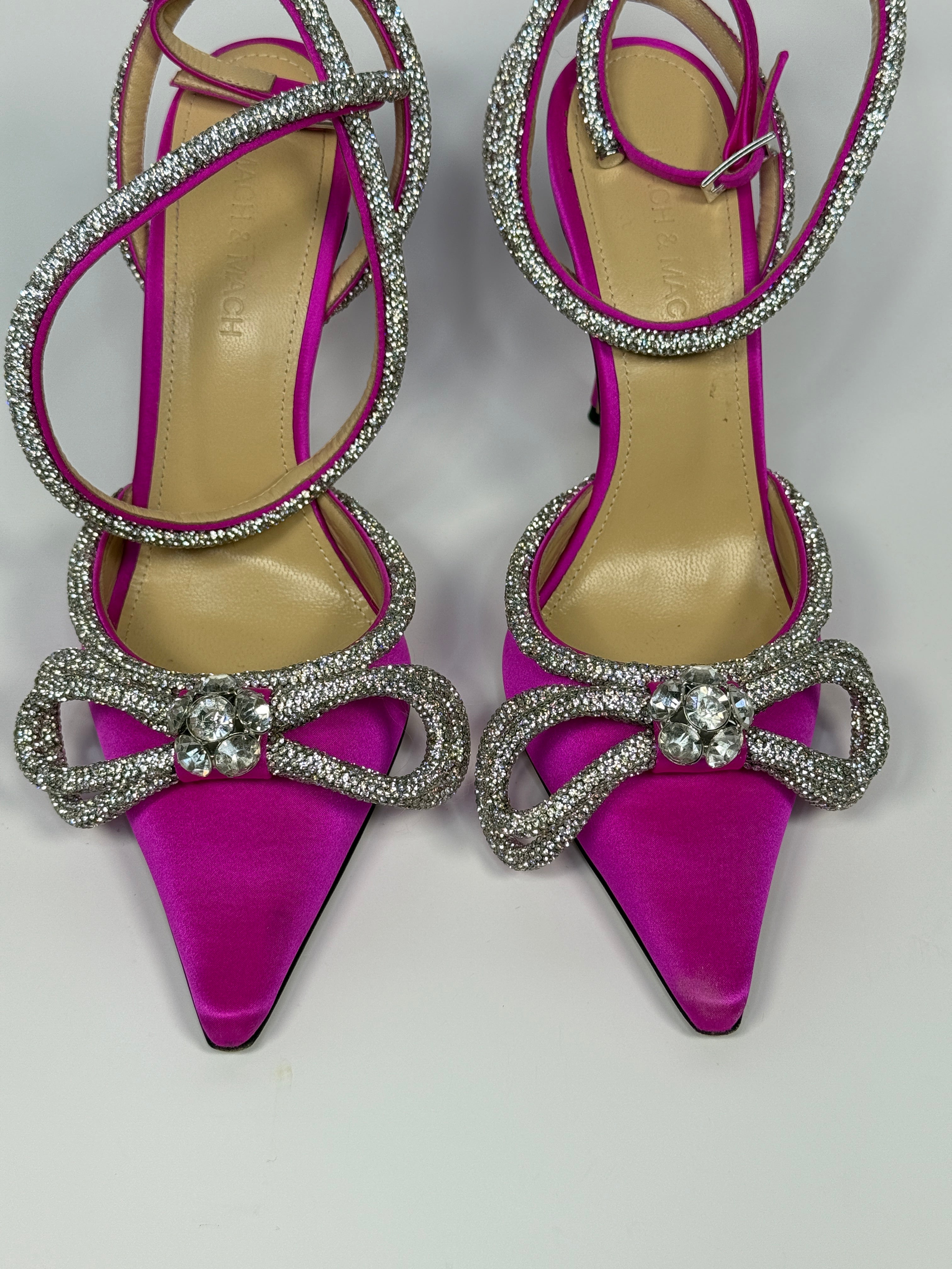 Mach & Mach Bow Crystal-Embellished Pink Satin Heeled Sandals (Size 37/UK5) Very Good Condition. Authentic and pre loved. 
