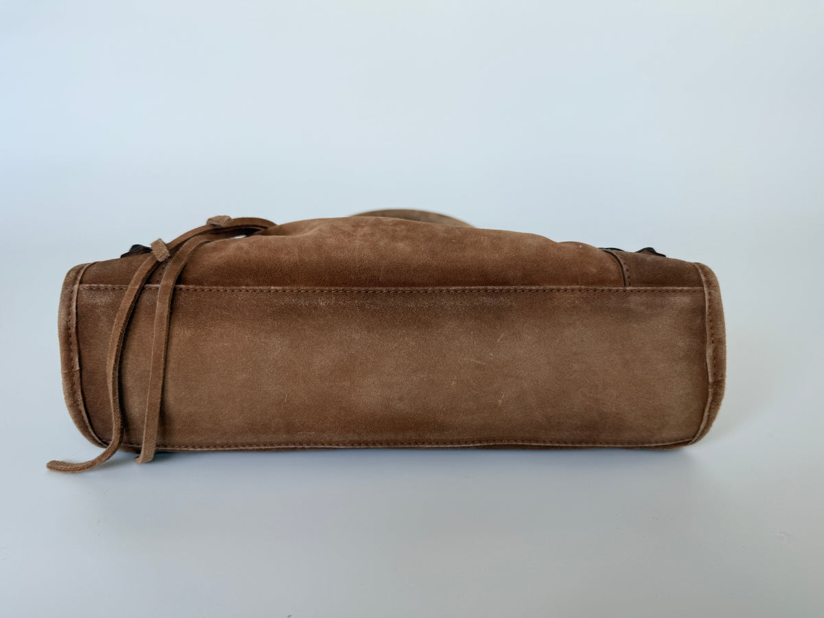 Balenciaga Le City Small Bag In Camel Suede Verified by Luxe Cheshire. Trusted designer resale.
