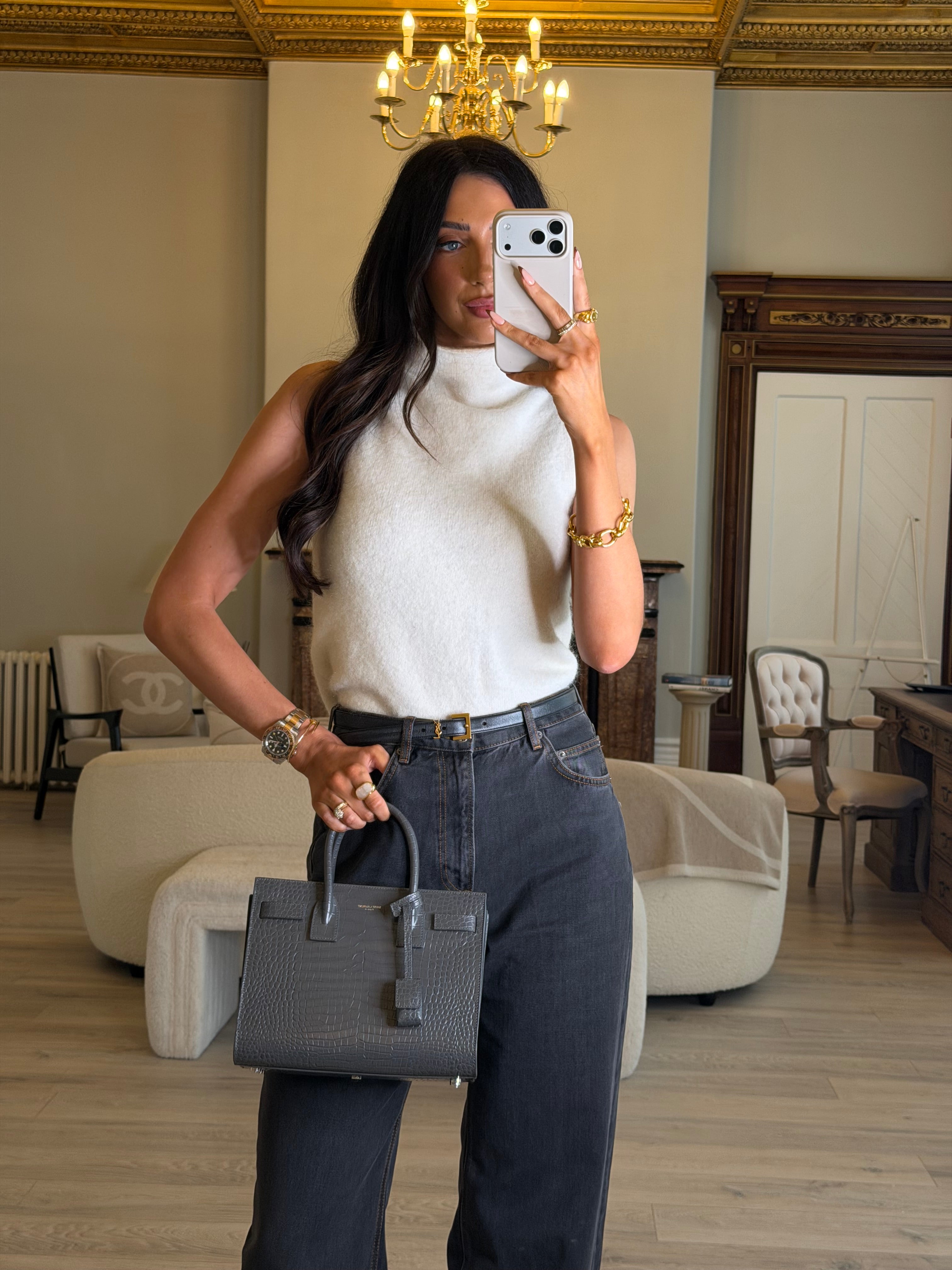 Saint Laurent Small Sac De Jour In Grey Croc Embossed Leather With Silver hardware, authentic and preloved in excellent condition