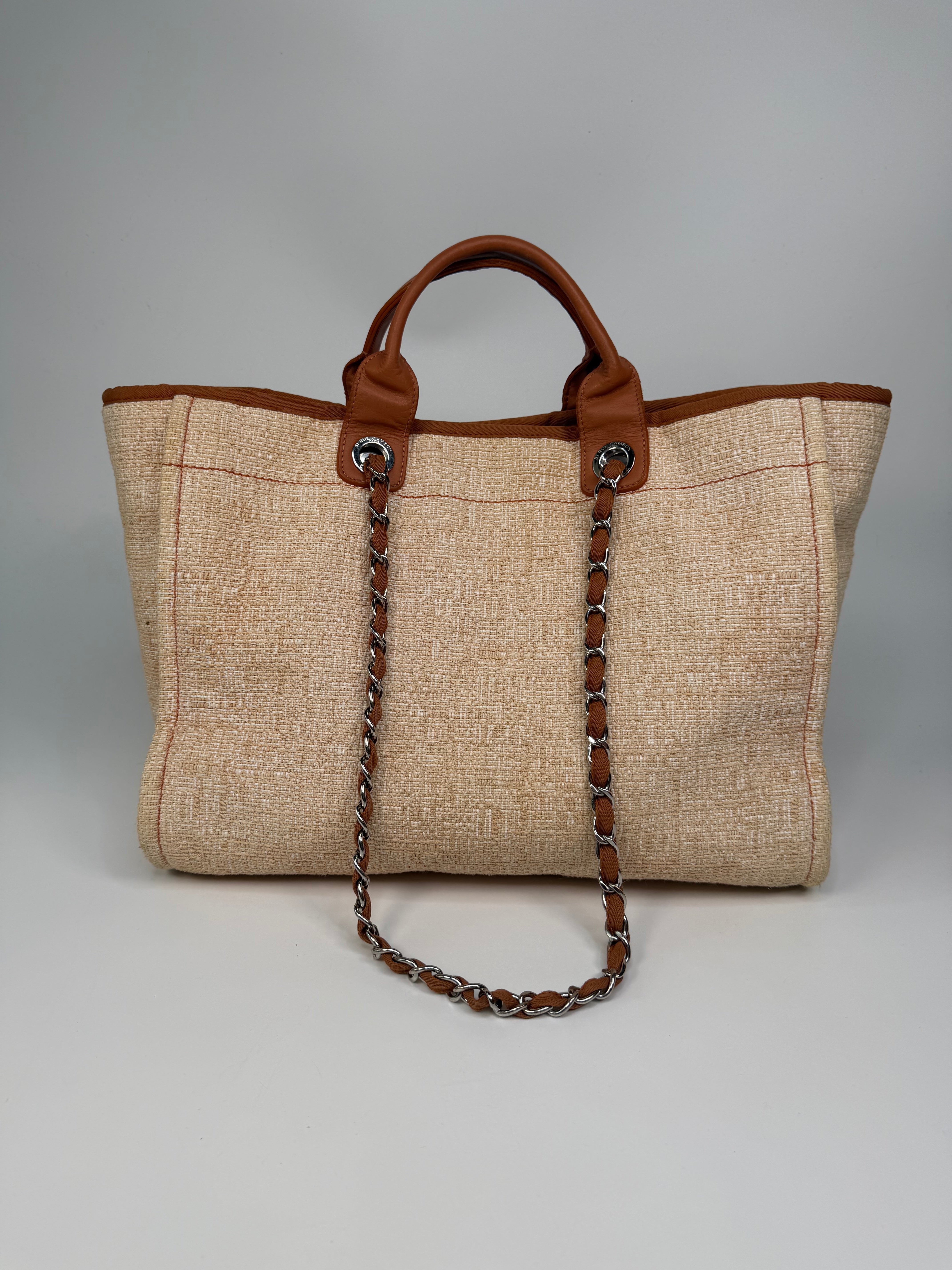 Chanel Large Deauville Tote Bag In Beige With Silver Hardware