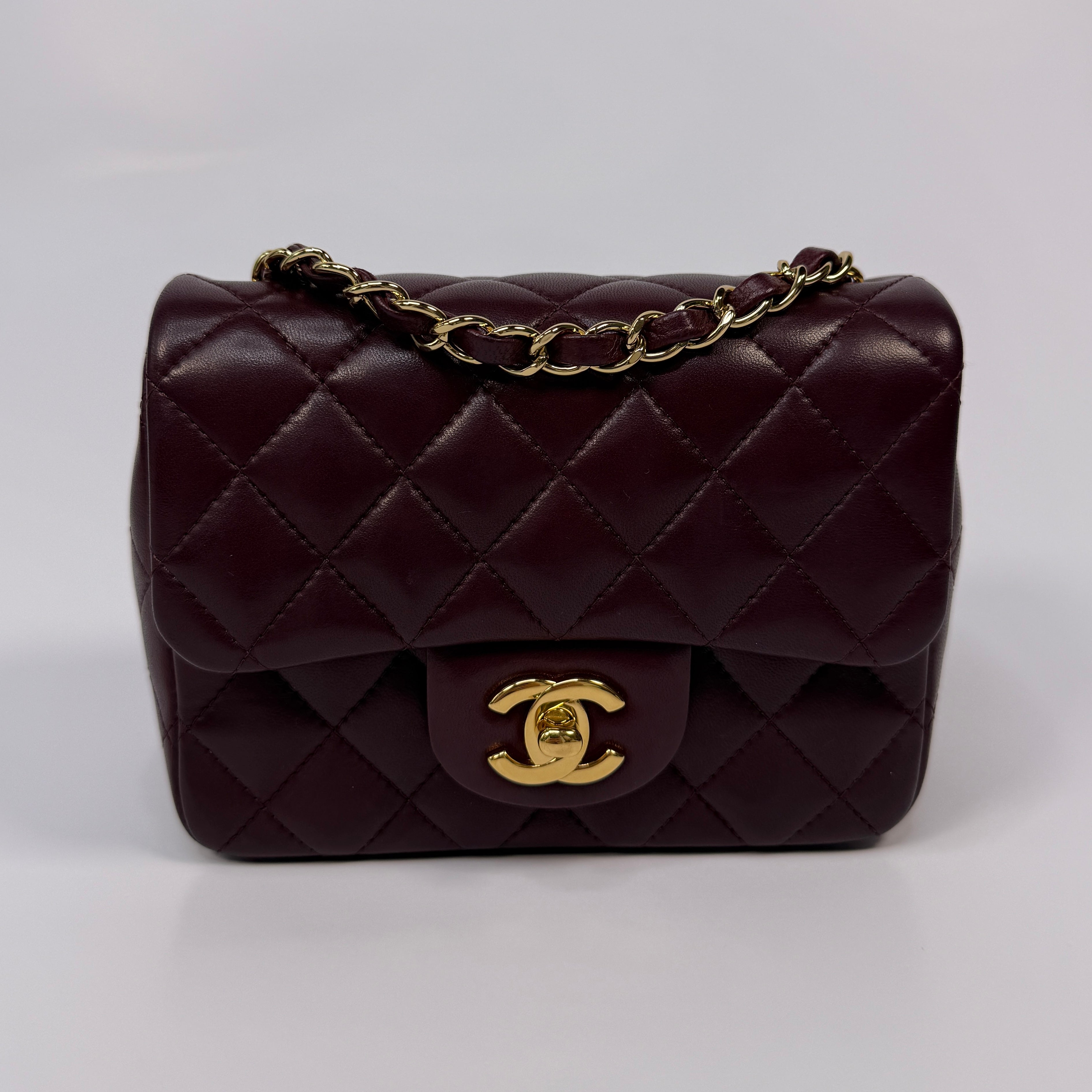 Chanel Mini Square In Burgundy Lambskin Leather With GHW