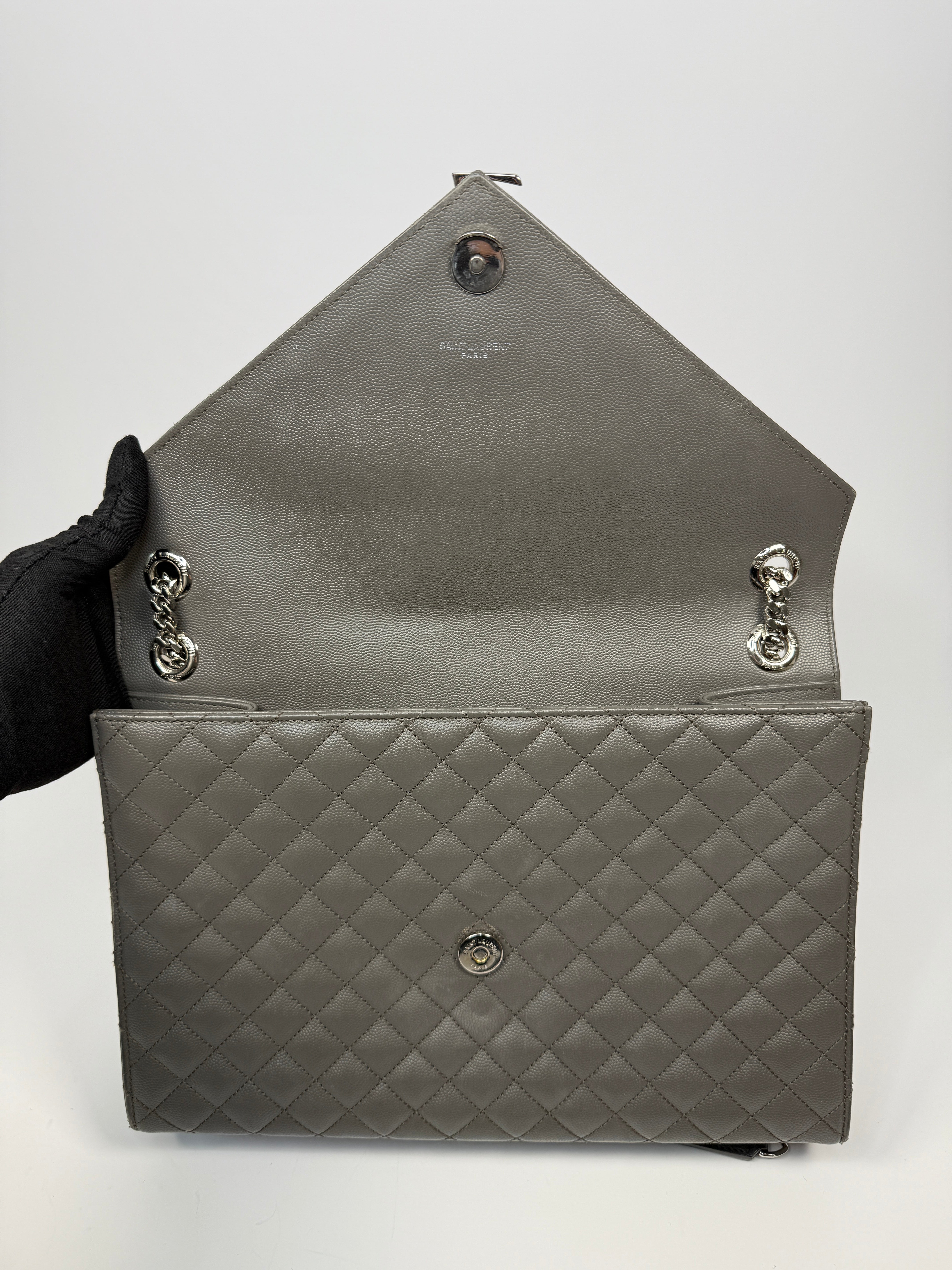 Saint Laurent Large Envelope Shoulder Bag In Grey Grained Leather With Silver Hardware. Excellent condition. Authentic and preloved. 