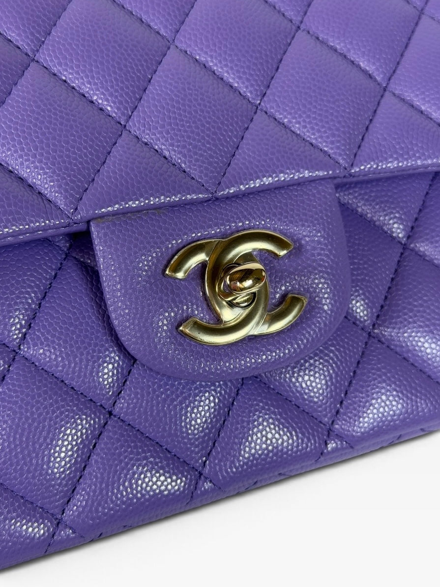 Chanel Medium Classic Double Flap In Purple Caviar Leather With Gold Hardware. Authentic and preloved in excellent condition. 100% guarantee