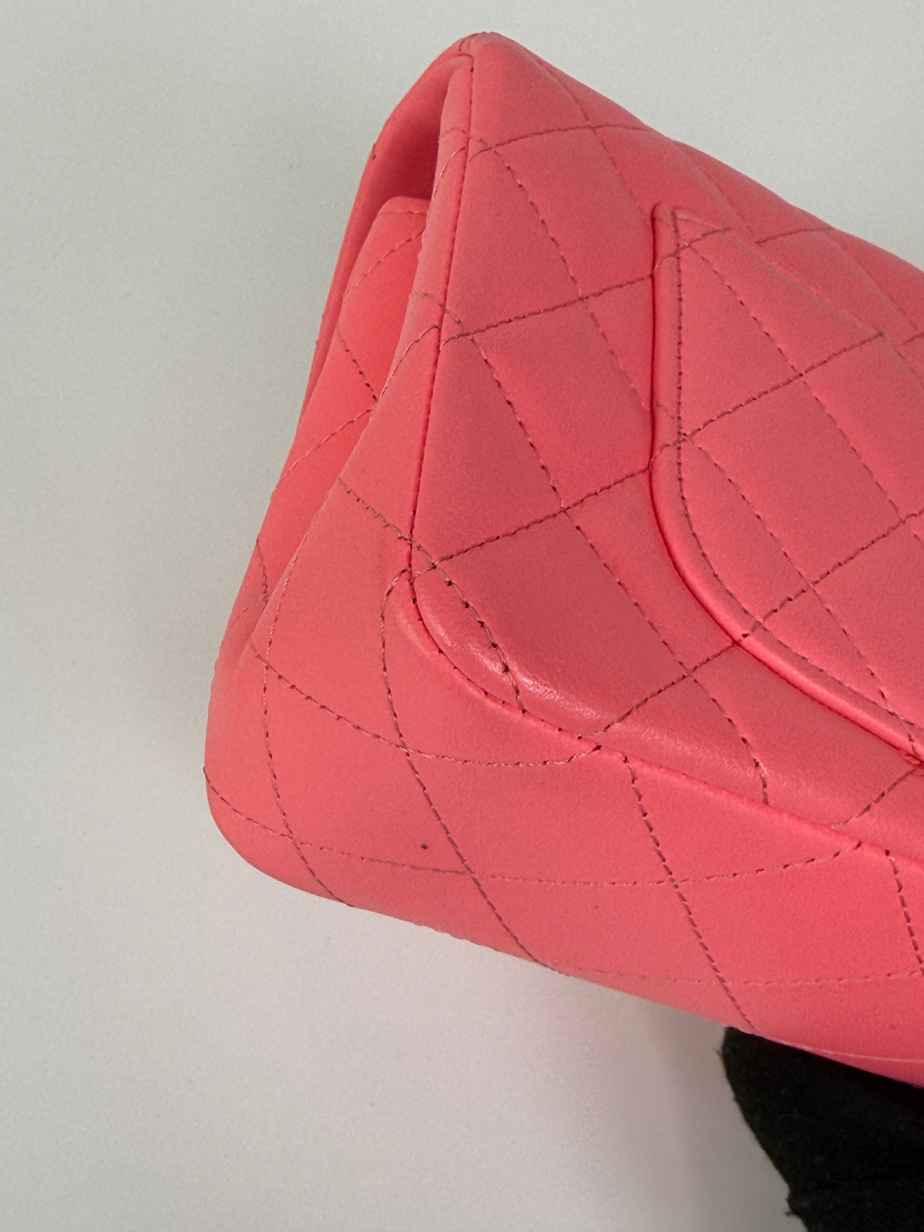 Chanel Mini Rectangle Flap Bag In Pink Lambskin With Black Hardware In Excellent Condition. Authentic and preloved. 