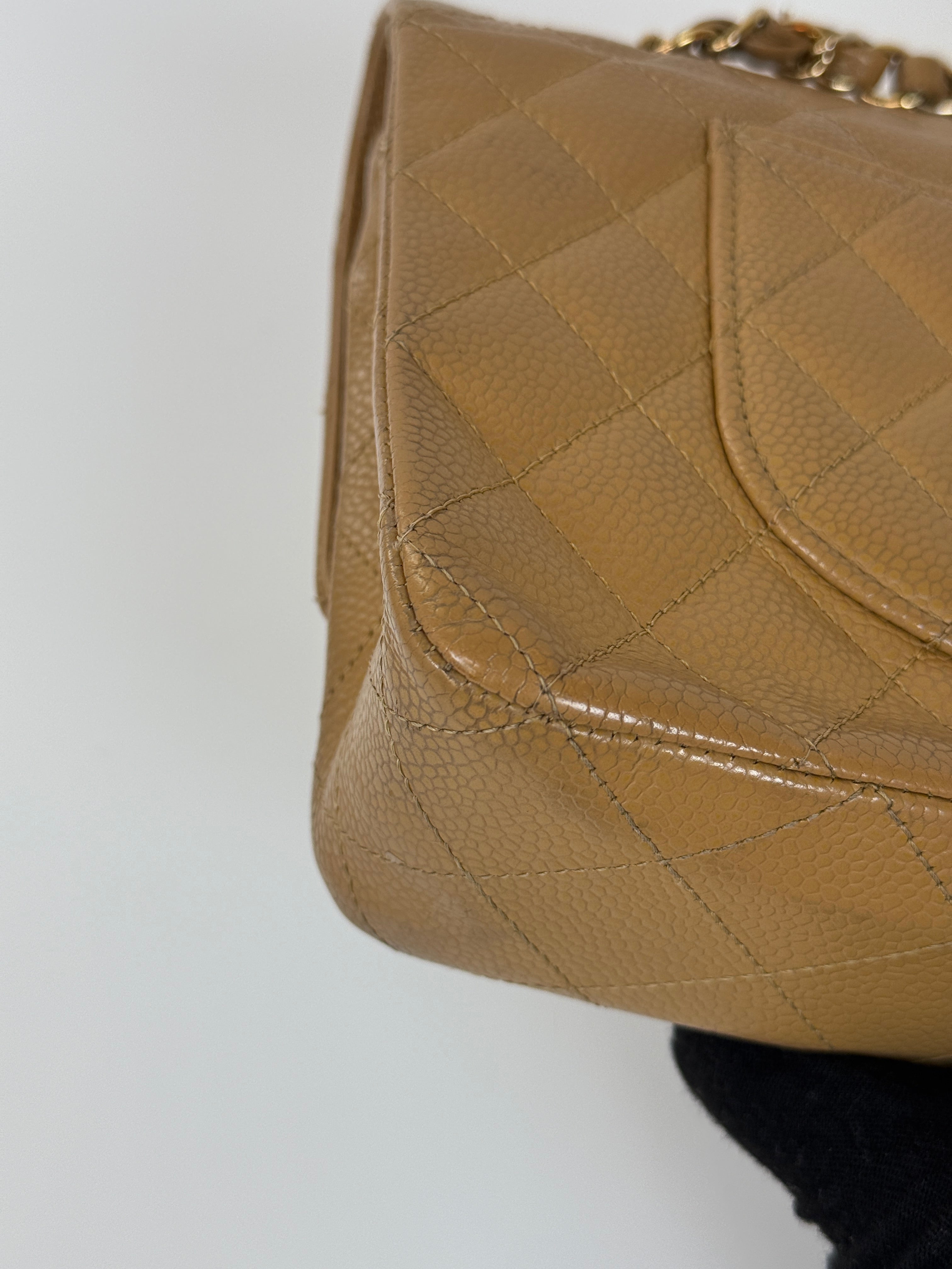 Authentic and preloved Chanel Vintage Medium Classic Double Flap In Camel Caviar Leather With 24kt Gold Plated Hardware. 100% Authenticity Guarantee 