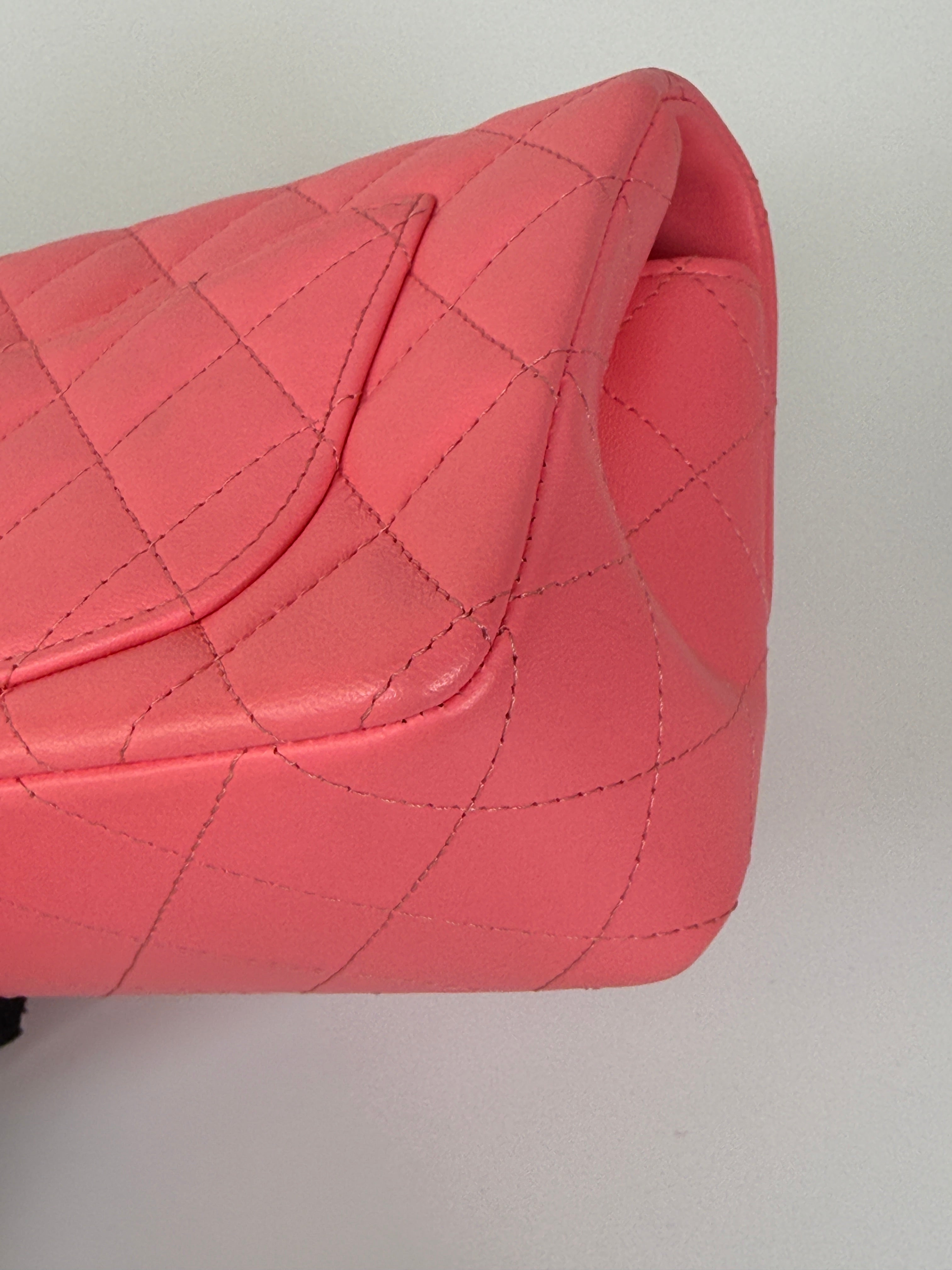 Chanel Mini Rectangle Flap Bag In Pink Lambskin With Black Hardware In Excellent Condition. Authentic and preloved. 