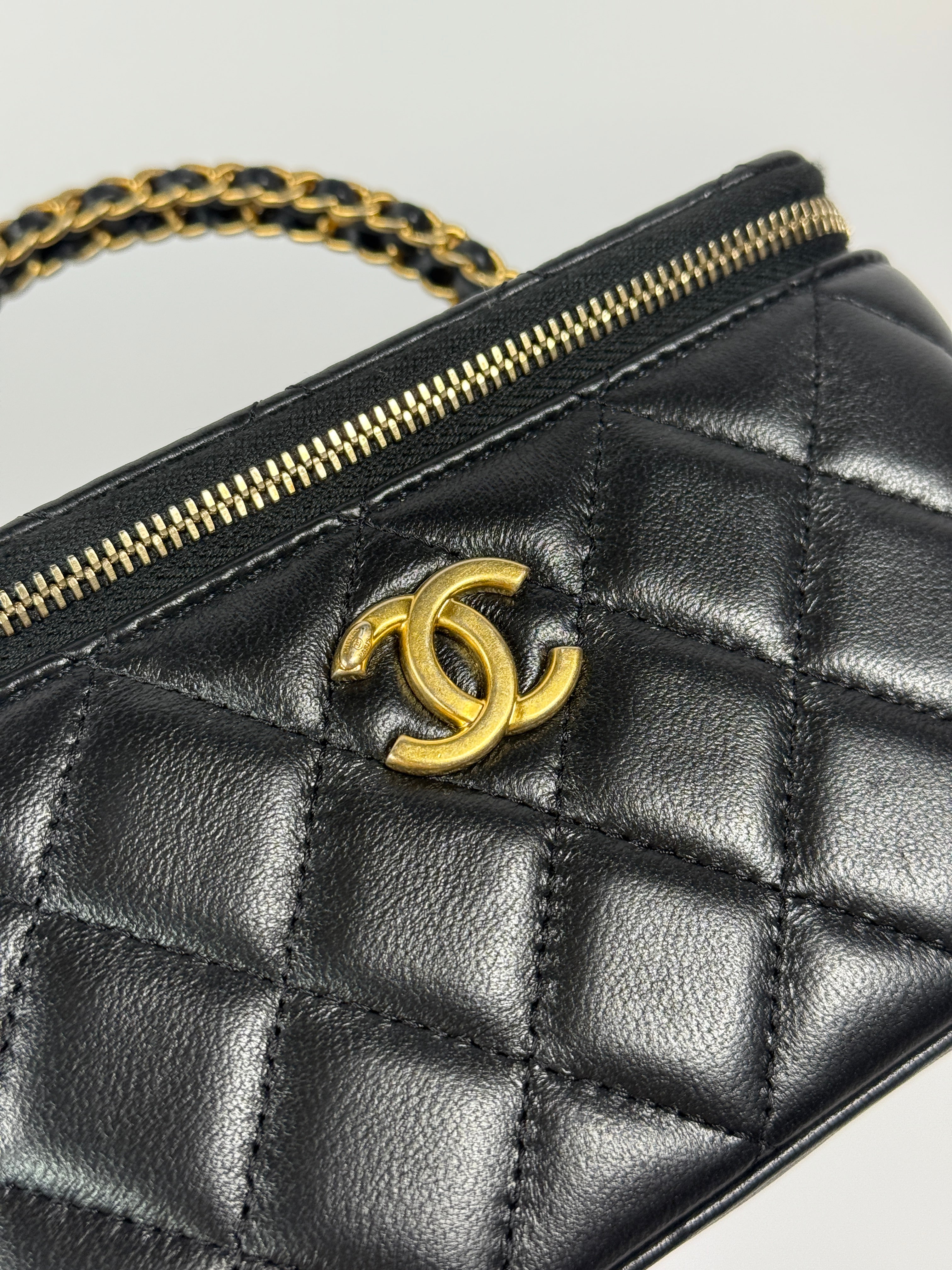 Chanel Vanity Rectangular with Top Handle In Black Lambskin With GHW