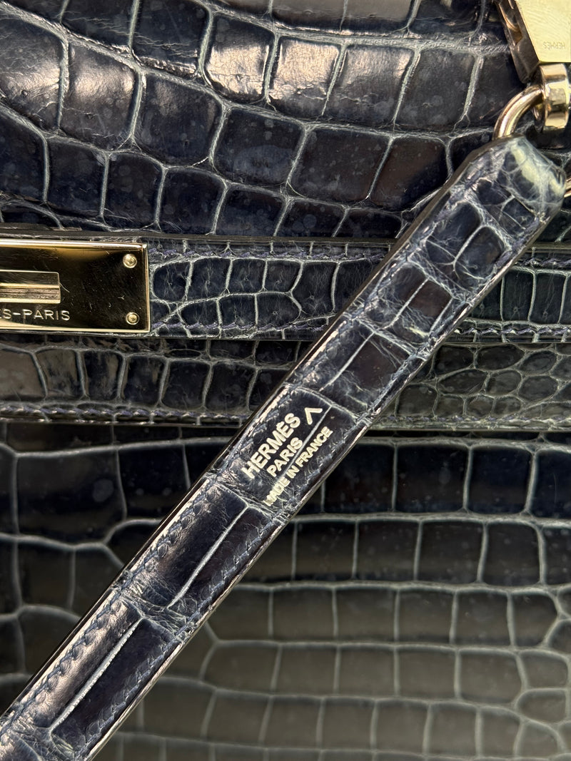 Hermès Kelly 35 In Bleu Crocodile Porosus Lisse With PHW