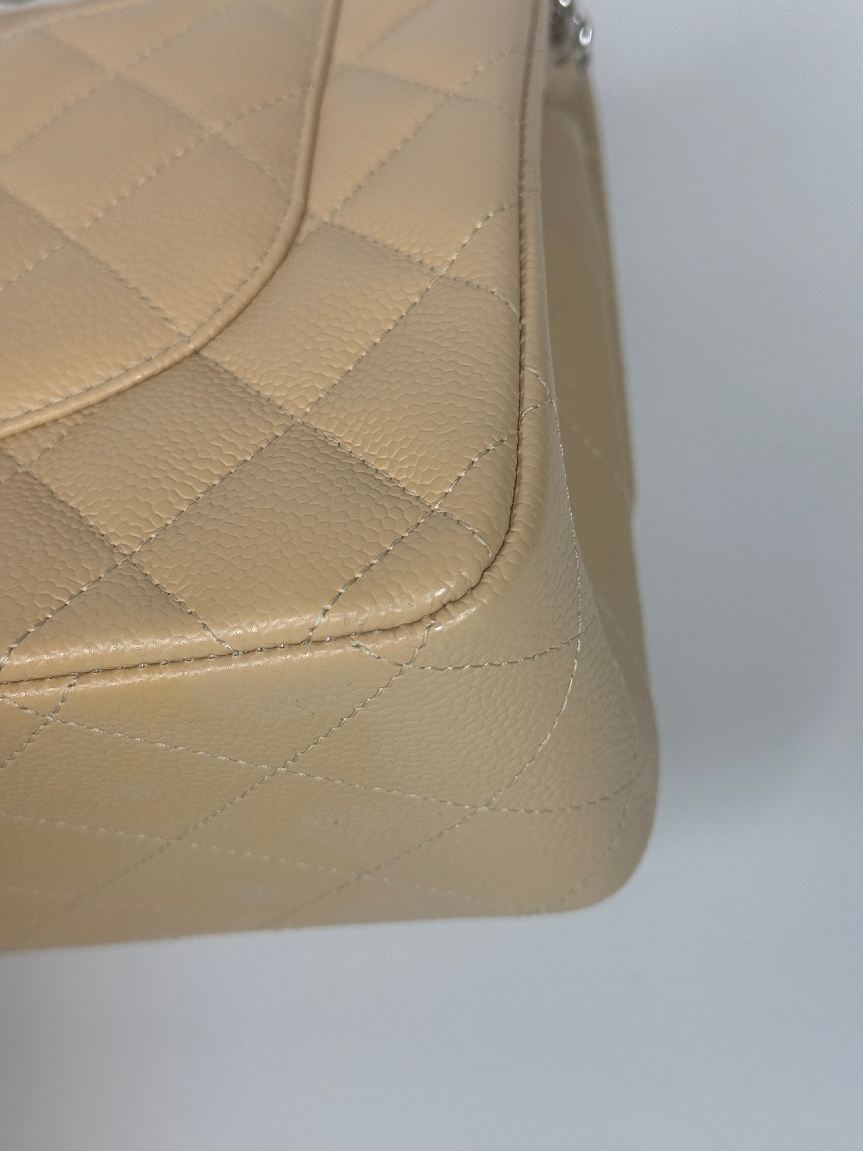 Authentic and preloved Chanel Jumbo Classic Flap Bag In Beige Caviar Leather With Silver Hardware. 100% Authenticity guarantee. Verified by Luxe Cheshire. Fully Insured next day delivery 