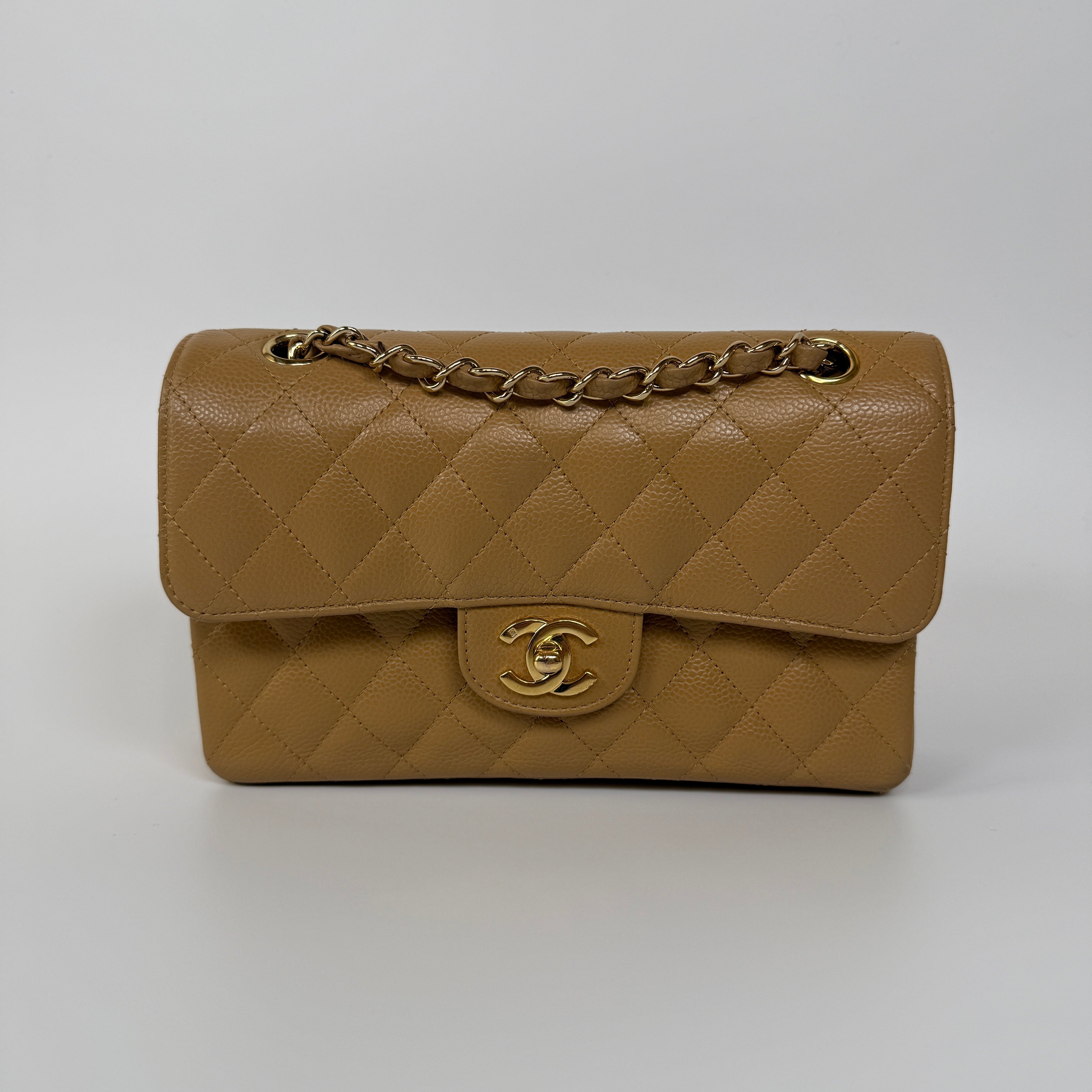 Chanel Small Classic Double Flap In Beige Caviar Leather With 24kt Gold Hardware. Authentic and Preloved. Excellent Condition, 100% Authenticity guarantee 