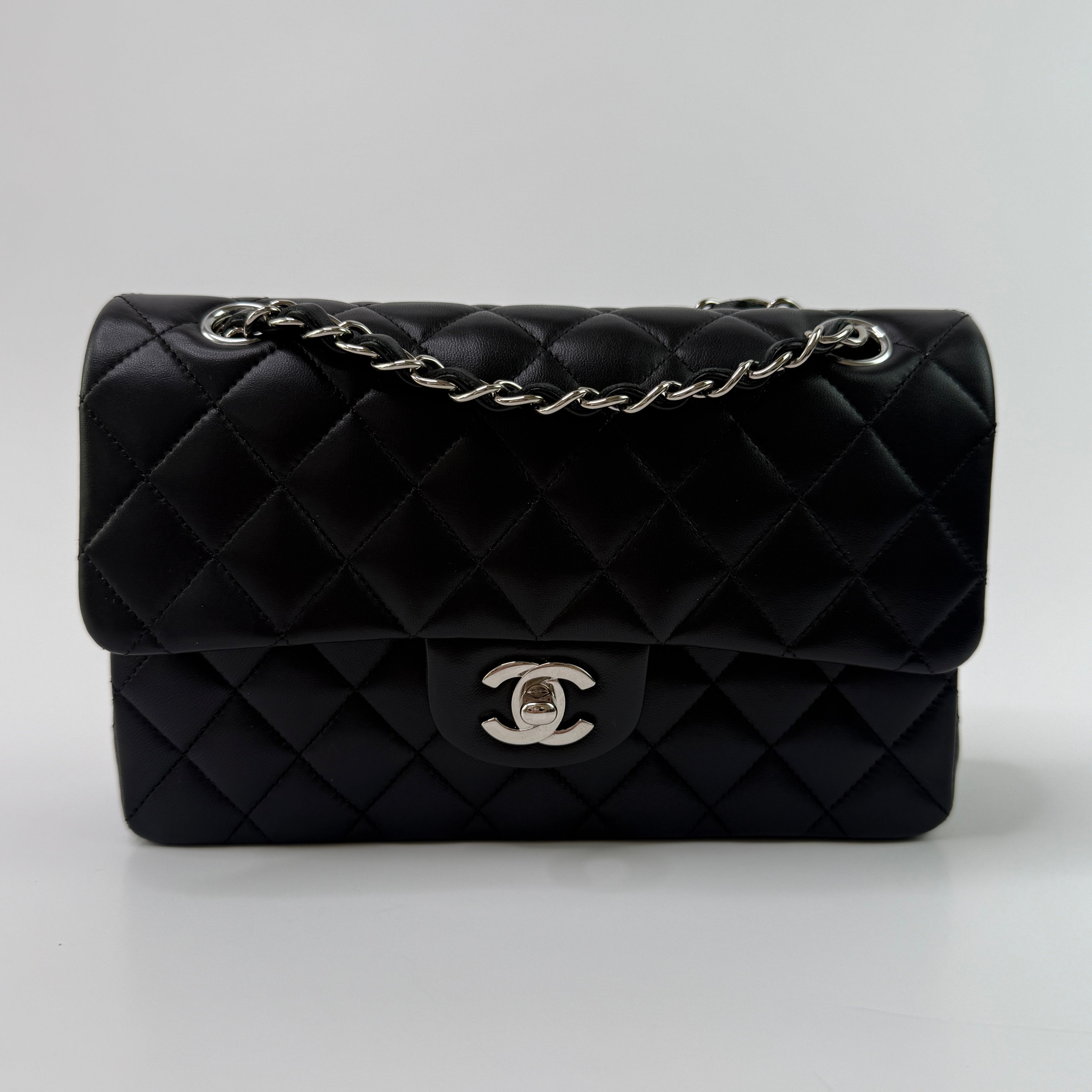 Chanel Small Classic Double Flap In Black Lambskin Leather With Silver Hardware
Pre Loved & Authentic 