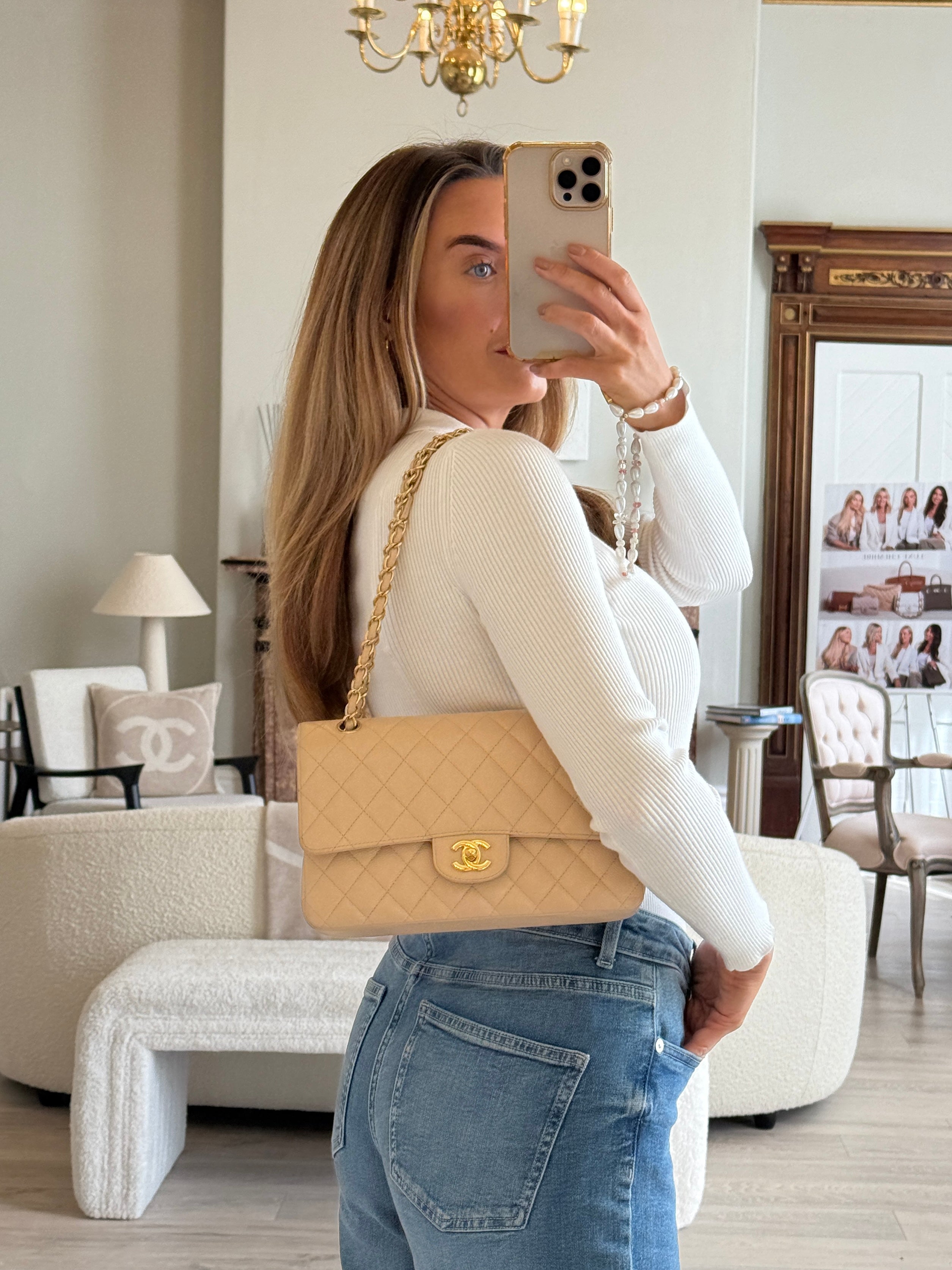 Chanel Medium Classic Double Flap Beige Caviar Leather With Gold Hardware
Pre Loved & Authentic 