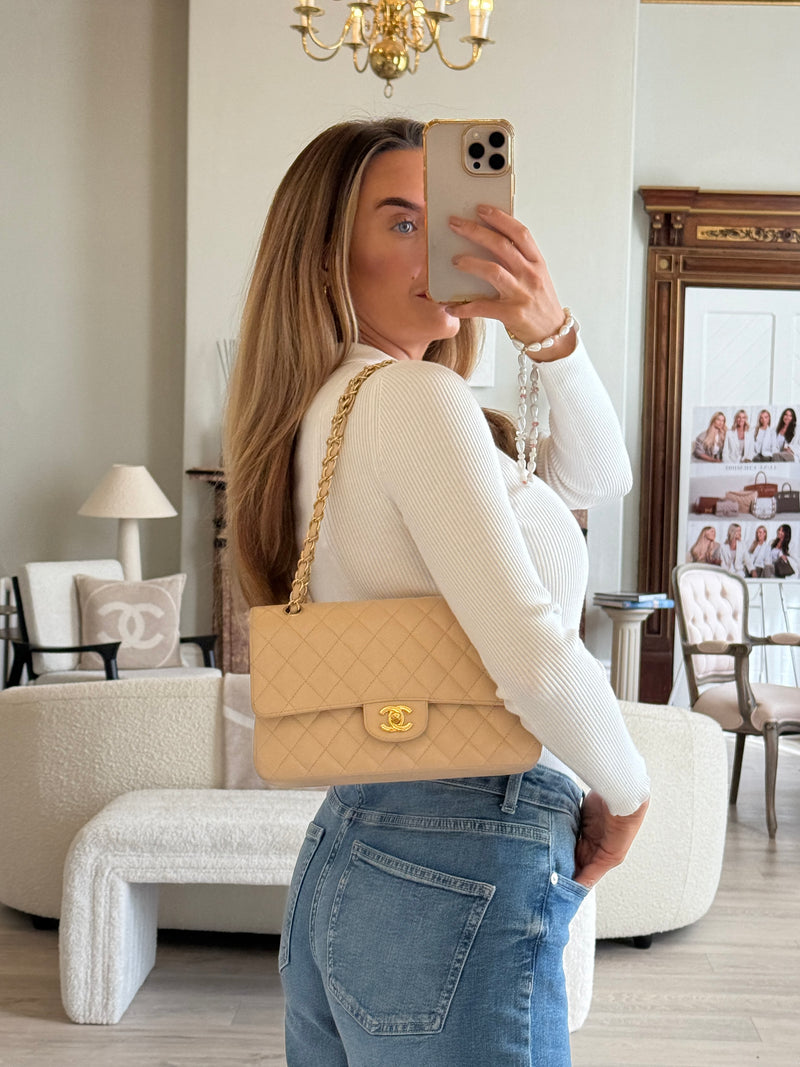 Chanel Medium Classic Double Flap Beige Caviar Leather With GHW