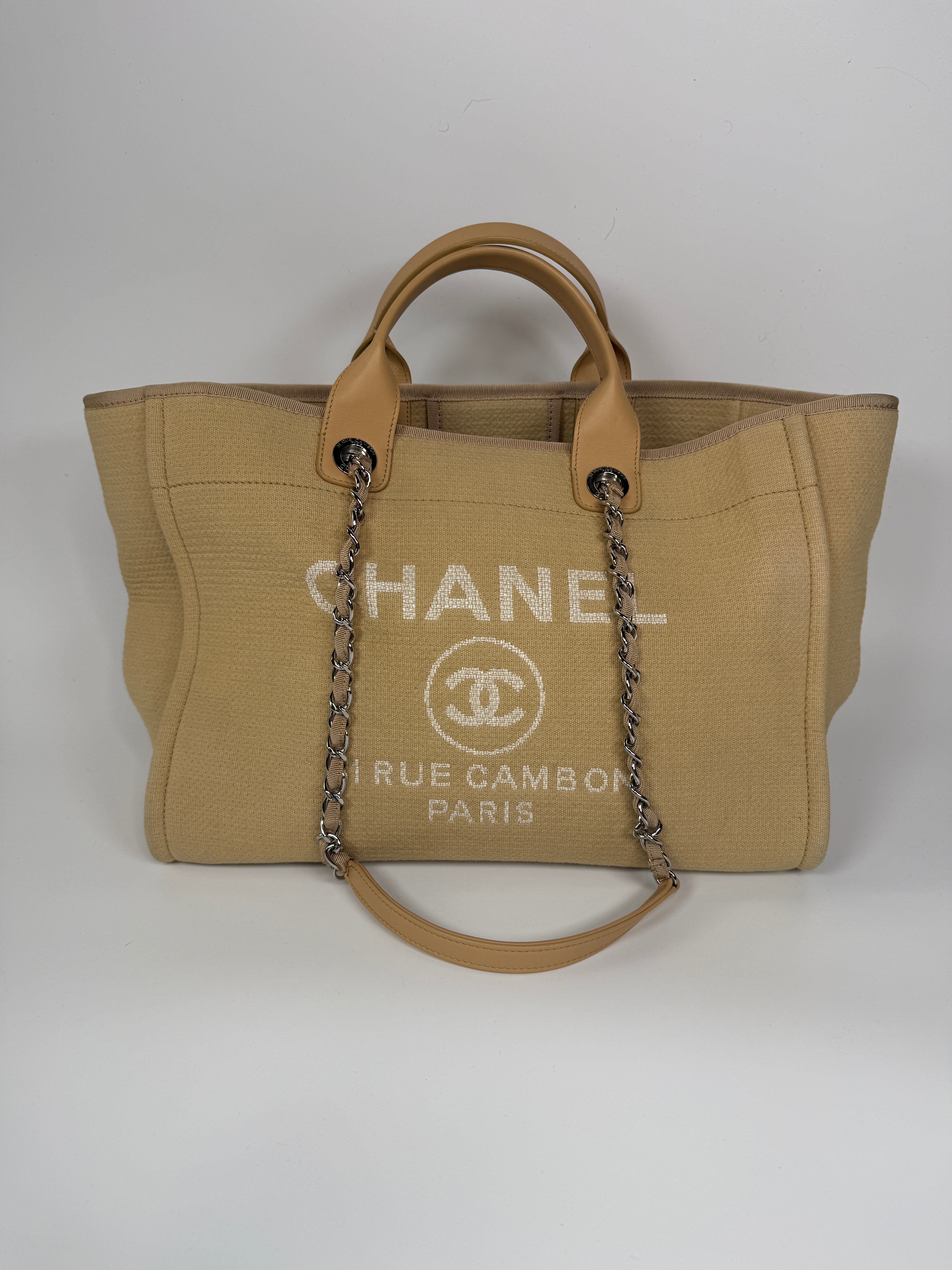 Chanel Large Deauville Tote Bag In Beige With Silver Hardware