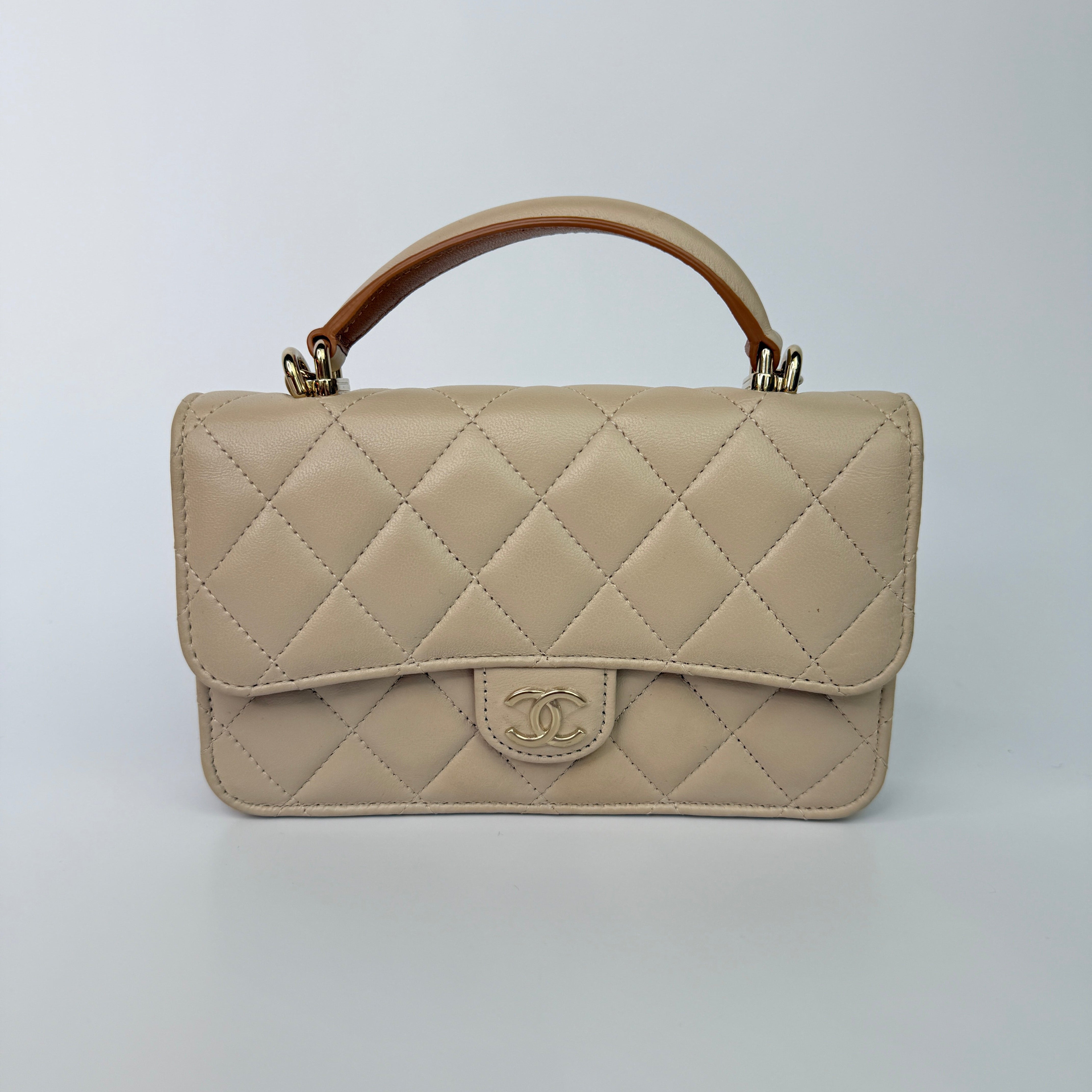 Chanel Top Handle Mini WOC Ecru/Beige Lambskin Gold Hardware 23P