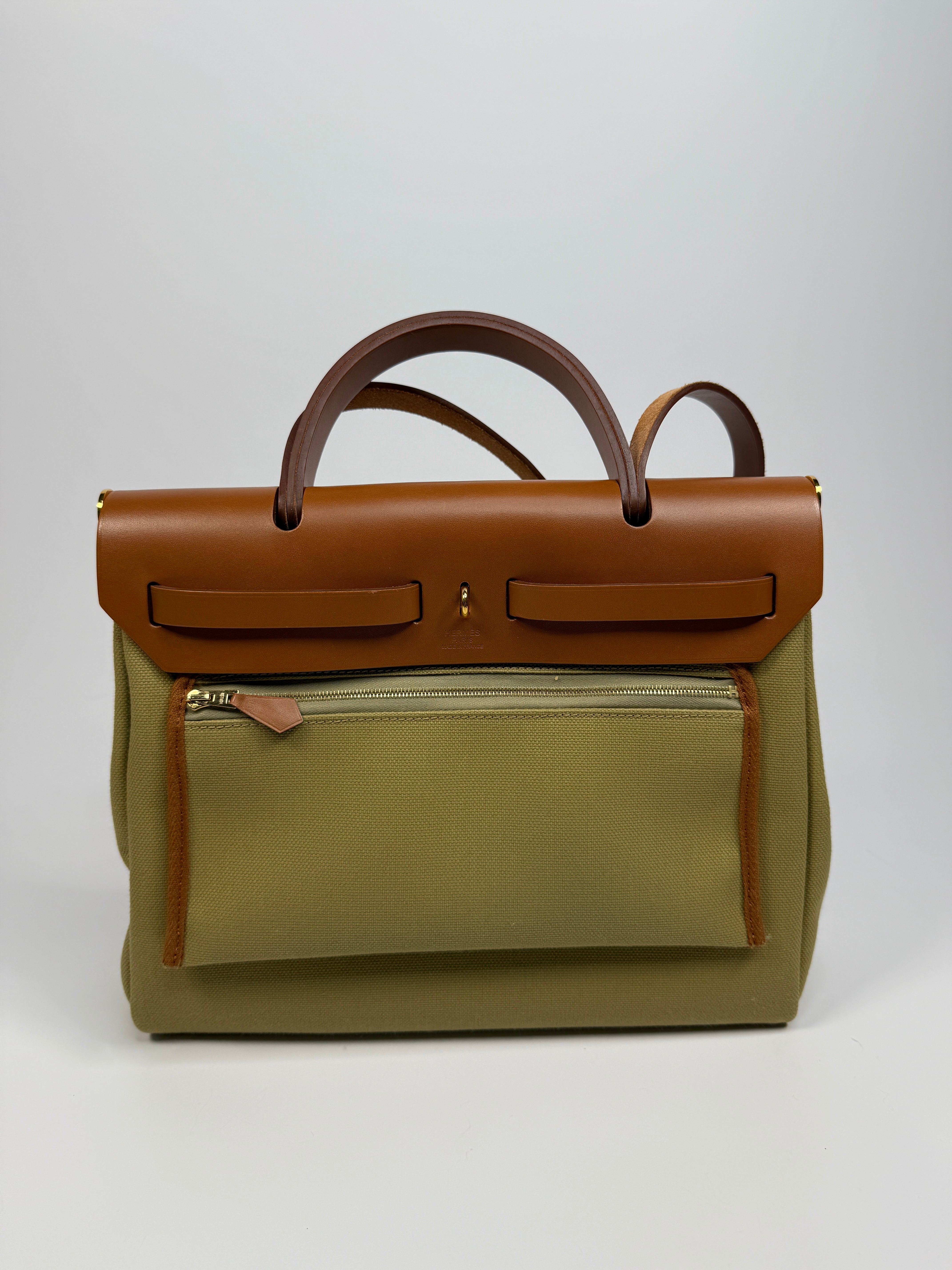 Authentic Pre Loved Hermès Herbag 31 Zip Retourne in Poussière Fauve with Gold Hardware Excellent Condition