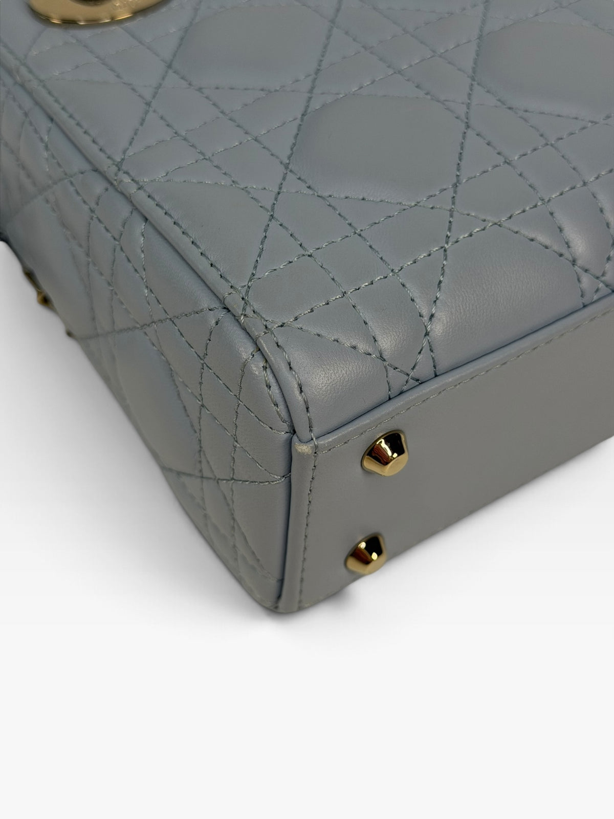 Christian Dior Mini Lady Dior In Pale Blue Cannage Leather With Pale Gold Hardware. 100% Authentic and Preloved in excellent condition. 100% Guarantee
