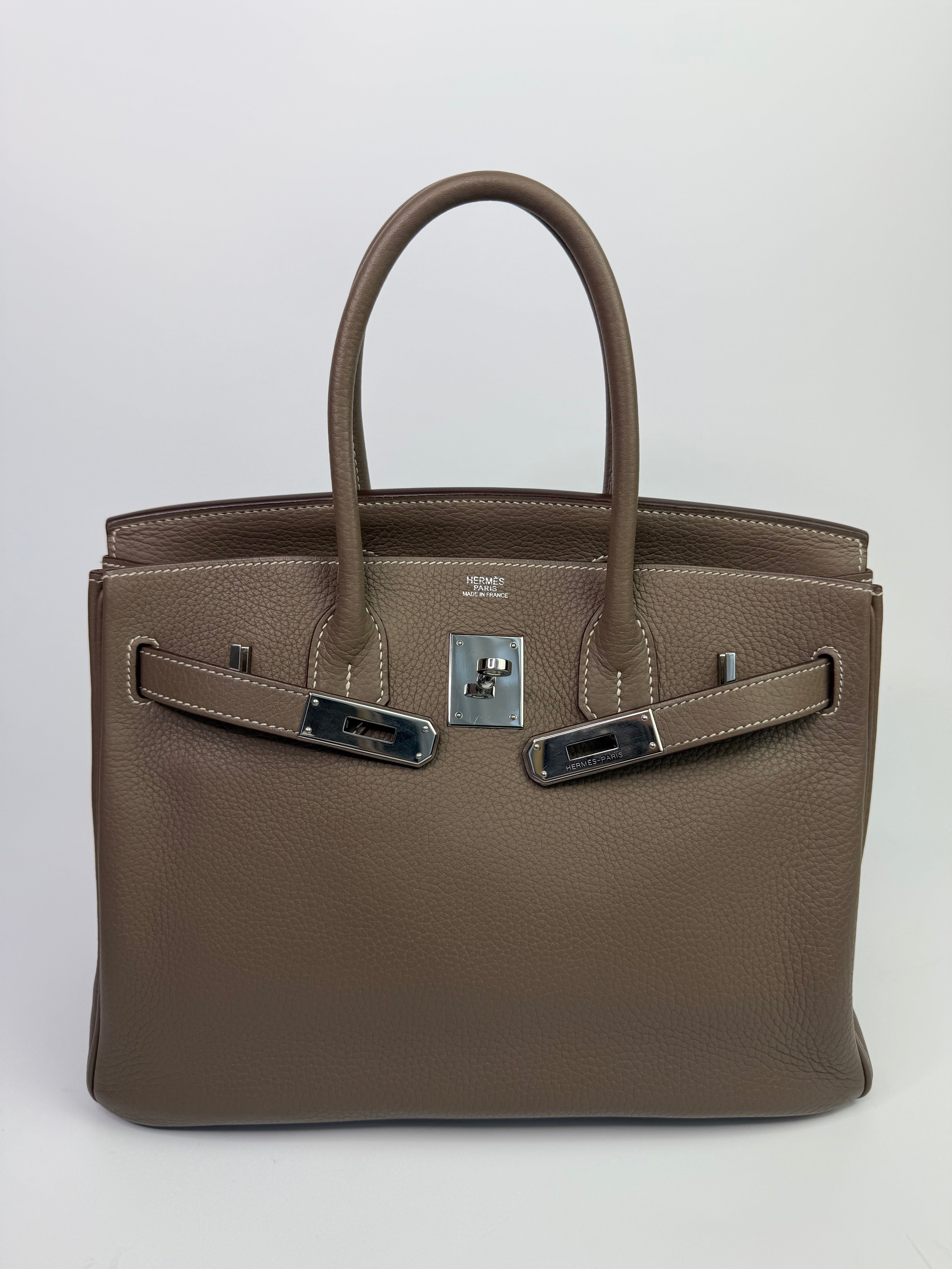 Authentic Pre Loved Hermès Birkin 30 In Etoupe Clemence Leather With Palladium Hardware Excellent Condition