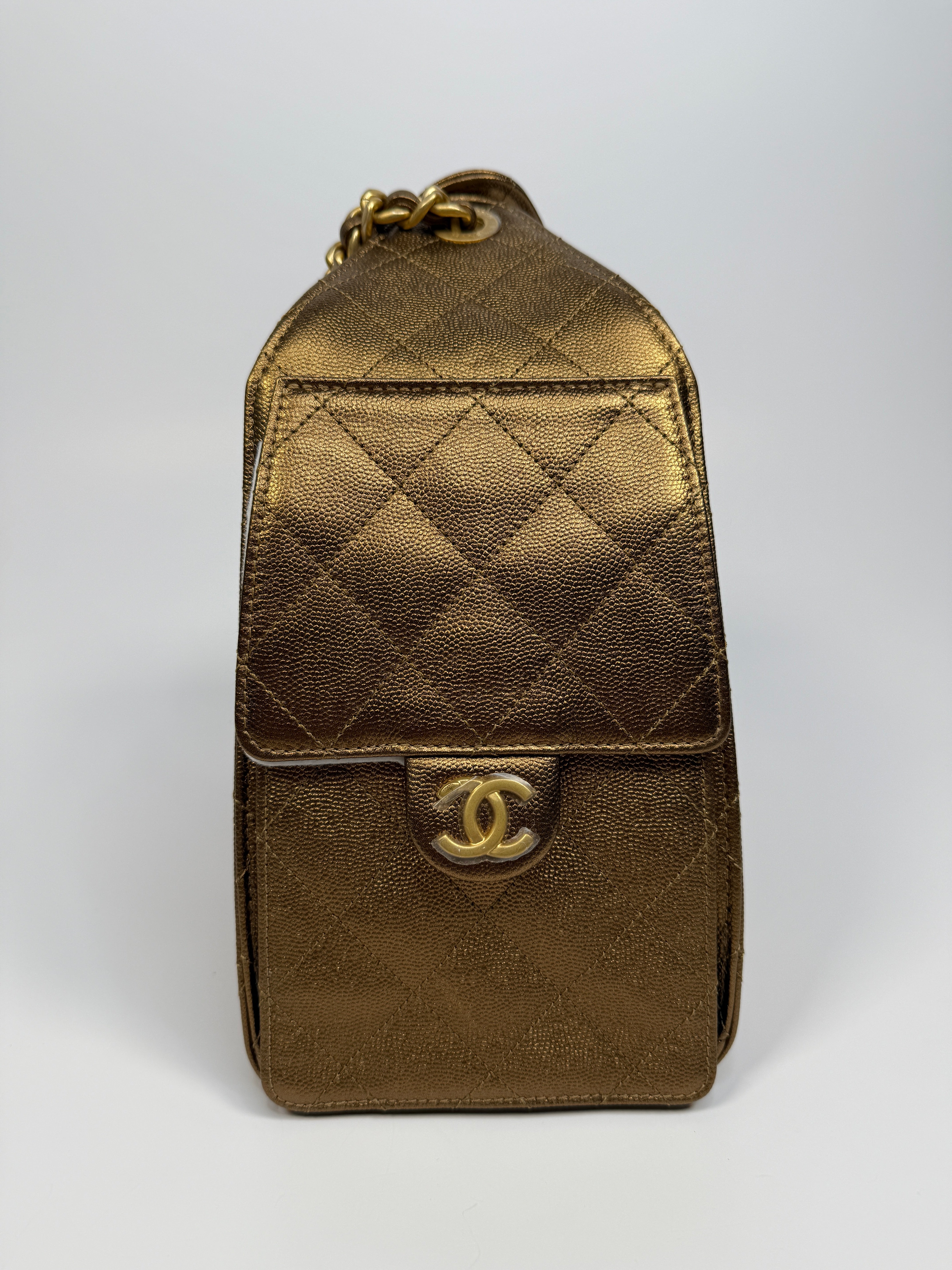 Authentic pre loved Chanel 25 Small In Metallic Bronze Caviar Leather With Gold hardware