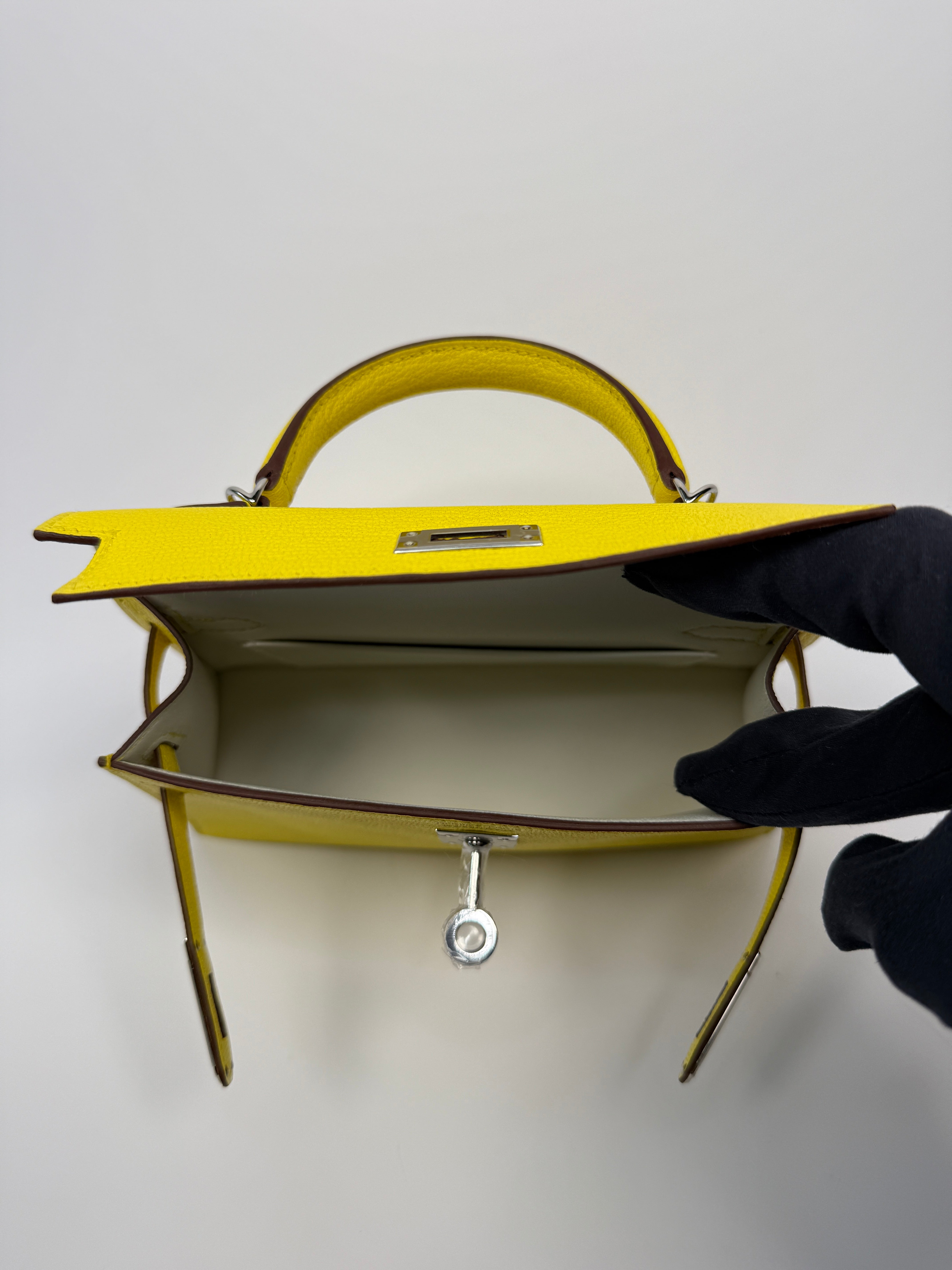 Authentic Pre Loved Hermés Mini Kelly ll Sellier Verso Chèvre Mysore in Jaune Citron and Mushroom With Palladium Hardware New & Unused Condition