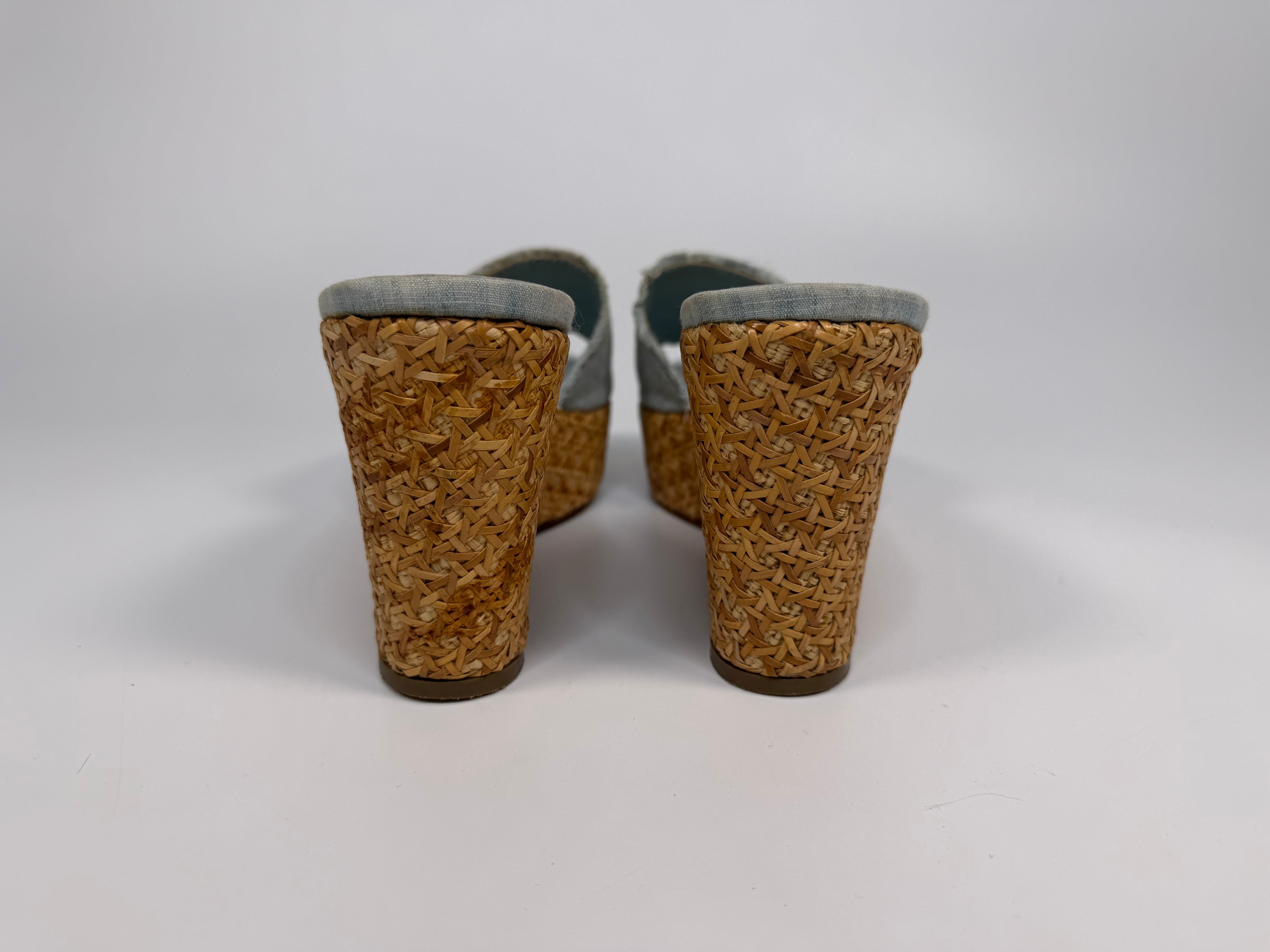 Chanel Raffia Wedges In Denim Blue Canvas 40/UK 7. Authentic and preloved in very good condition.