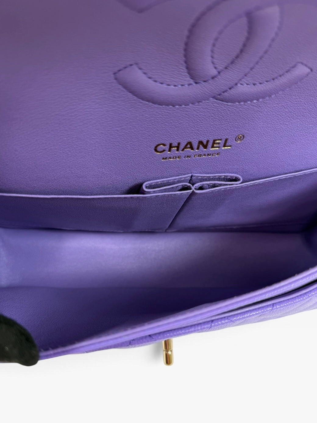 Chanel Medium Classic Double Flap In Purple Caviar Leather With Gold Hardware. Authentic and preloved in excellent condition. 100% guarantee