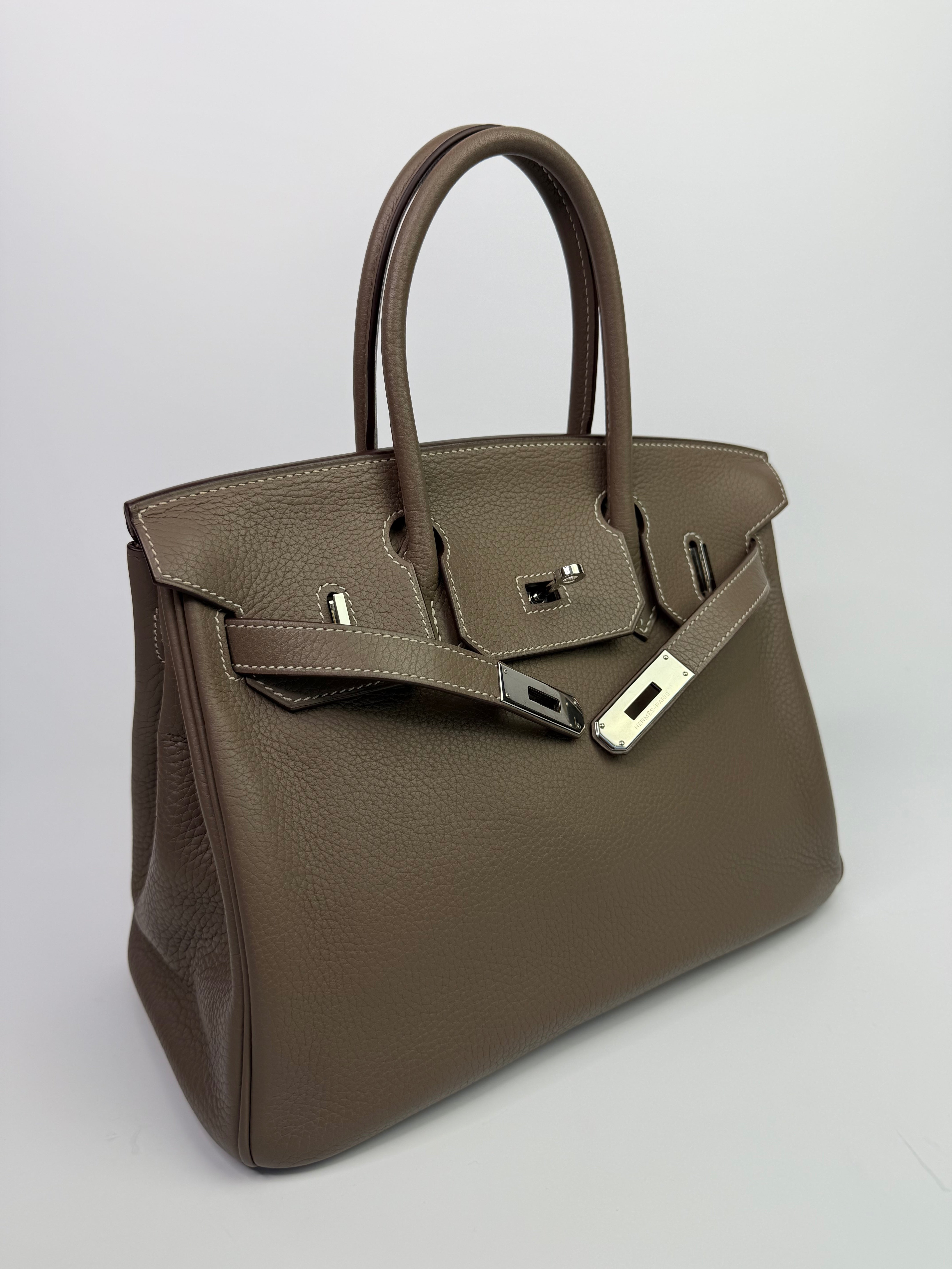 Authentic Pre Loved Hermès Birkin 30 In Etoupe Clemence Leather With Palladium Hardware Excellent Condition