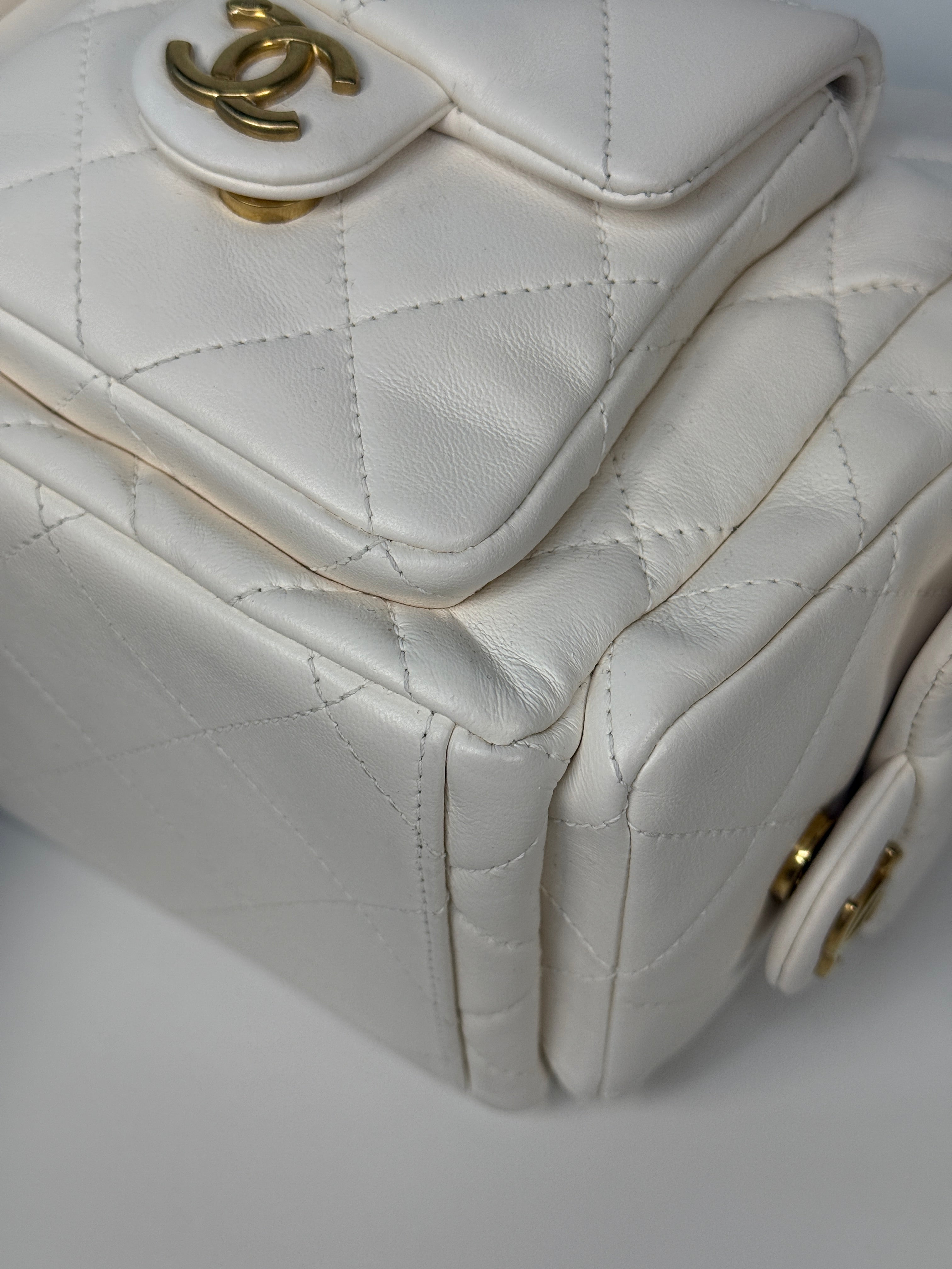 Chanel Quilted Pockets Bag In White Lambskin Leather With Gold Hardware