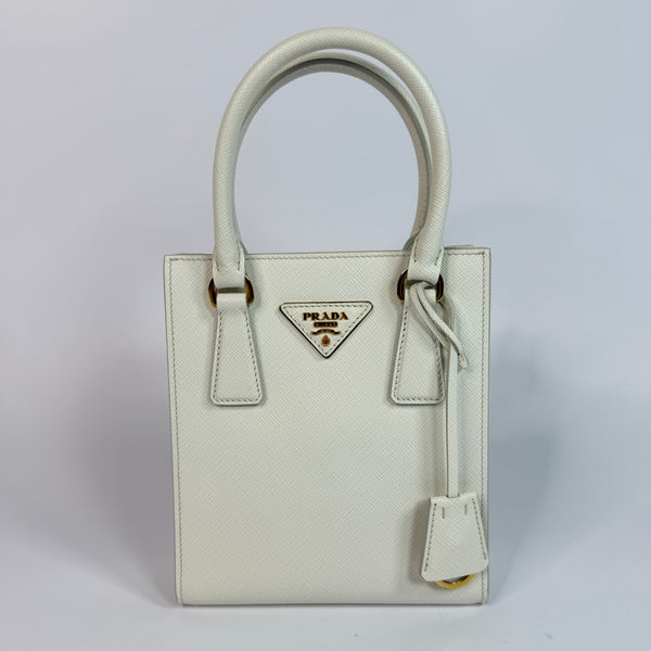 Prada Mini Tote In White Saffiano Leather
