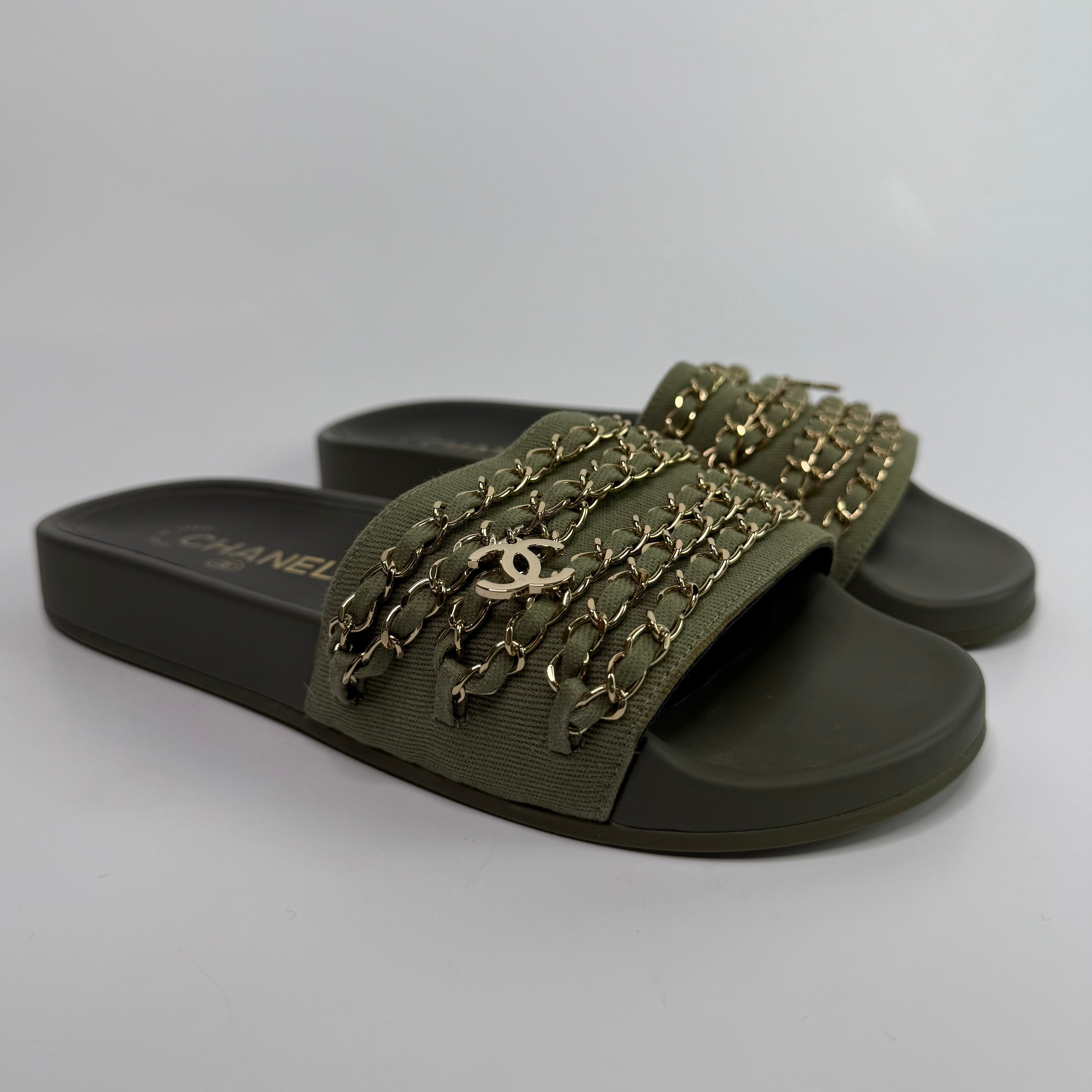 Chanel Chain Embellished Canvas CC Flat Slides  (Size 38/UK 5)