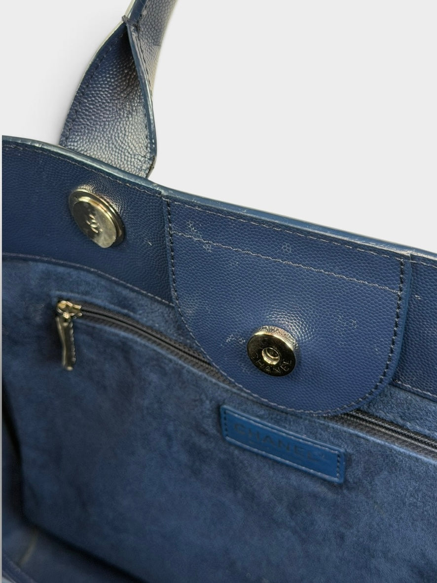 Chanel Medium Deauville In Blue Leather With Silver Hardware. Authentic and preloved in very good condition. 100% Luxe guarantee 