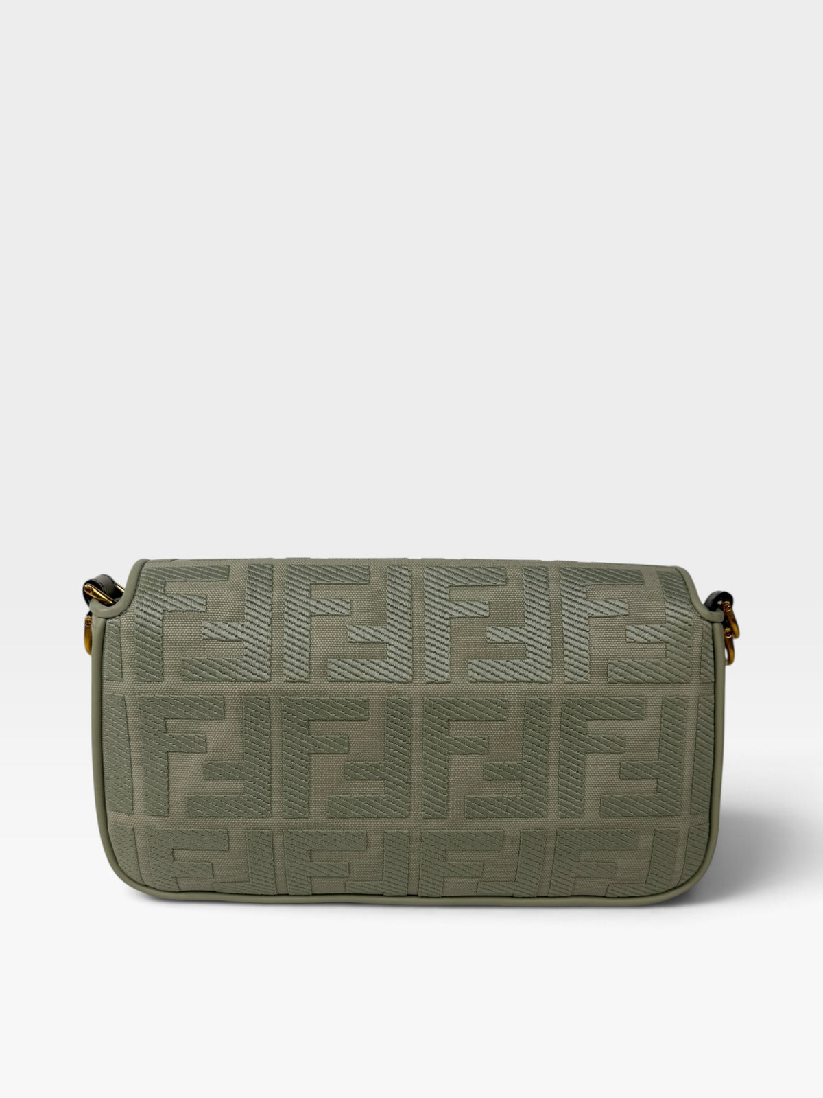 Fendi Baguette In Green Tea FF Monogram Fabric and Canvas With Gold Hardware. 100% authentic and preloved in excellent condition