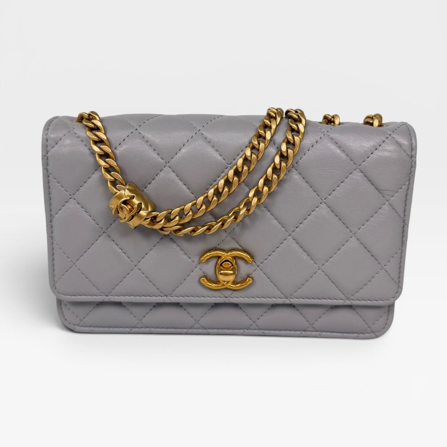 Chanel Pearl Crush Wallet On Chain In Grey Lambskin Leather With Gold Hardware