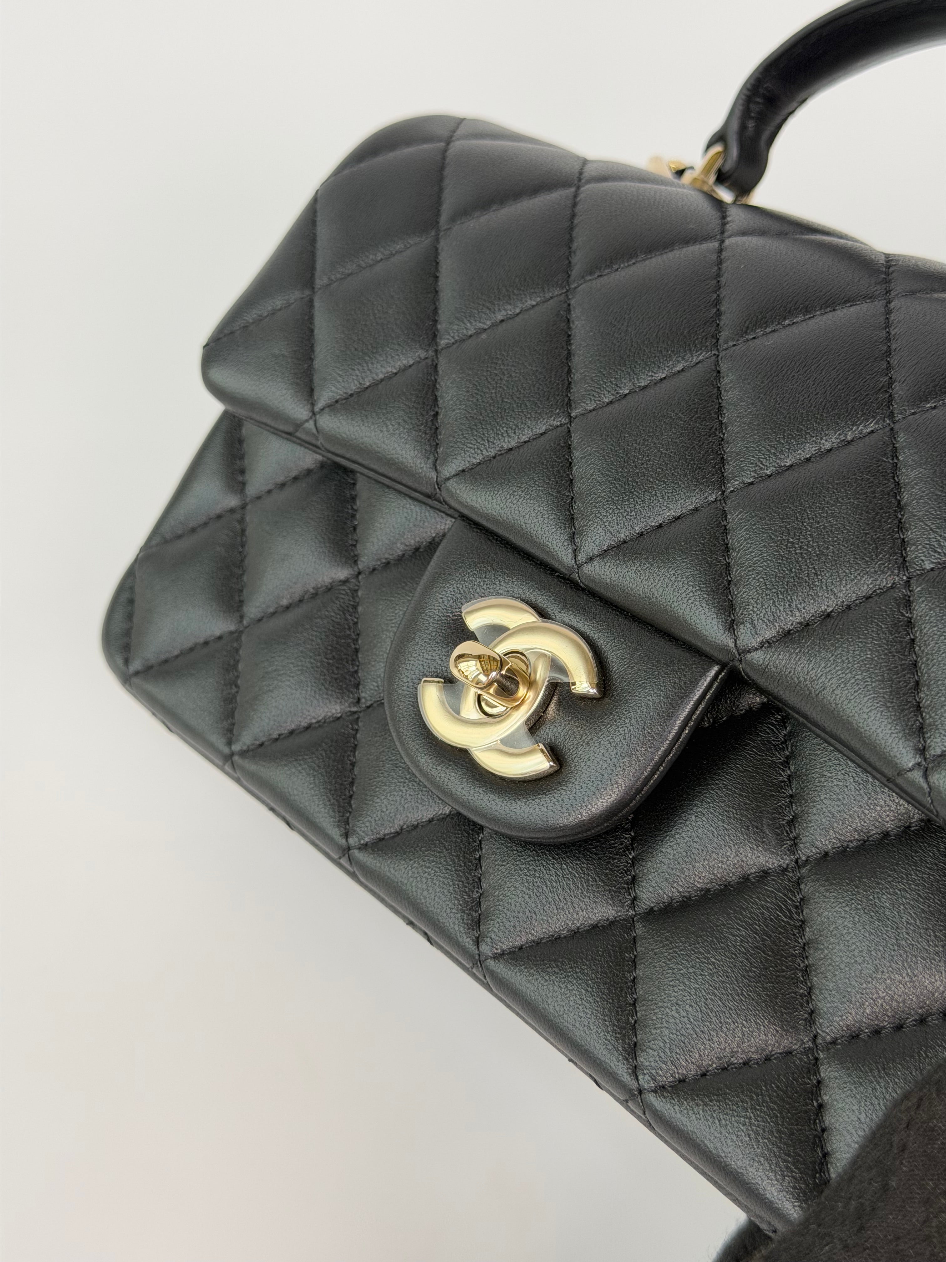 Chanel Mini Rectangle Top Handle In Black Lambskin Leather With Pale Gold Hardware