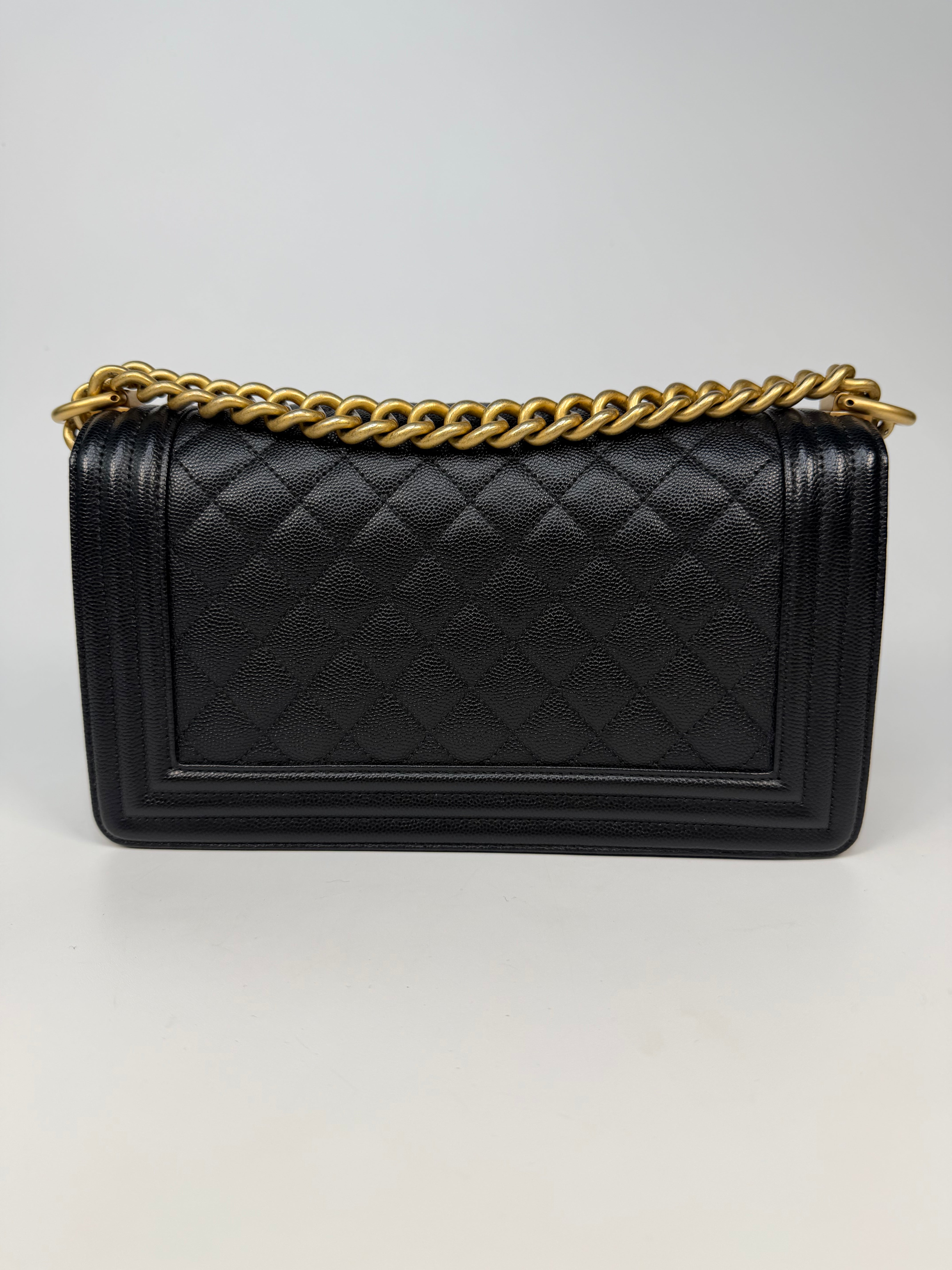  Chanel Boy Bag In Black Caviar Leather With Gold Hardware. Authentic and preloved in excellent condition. Insured next day delivery. Verified by Luxe Cheshire