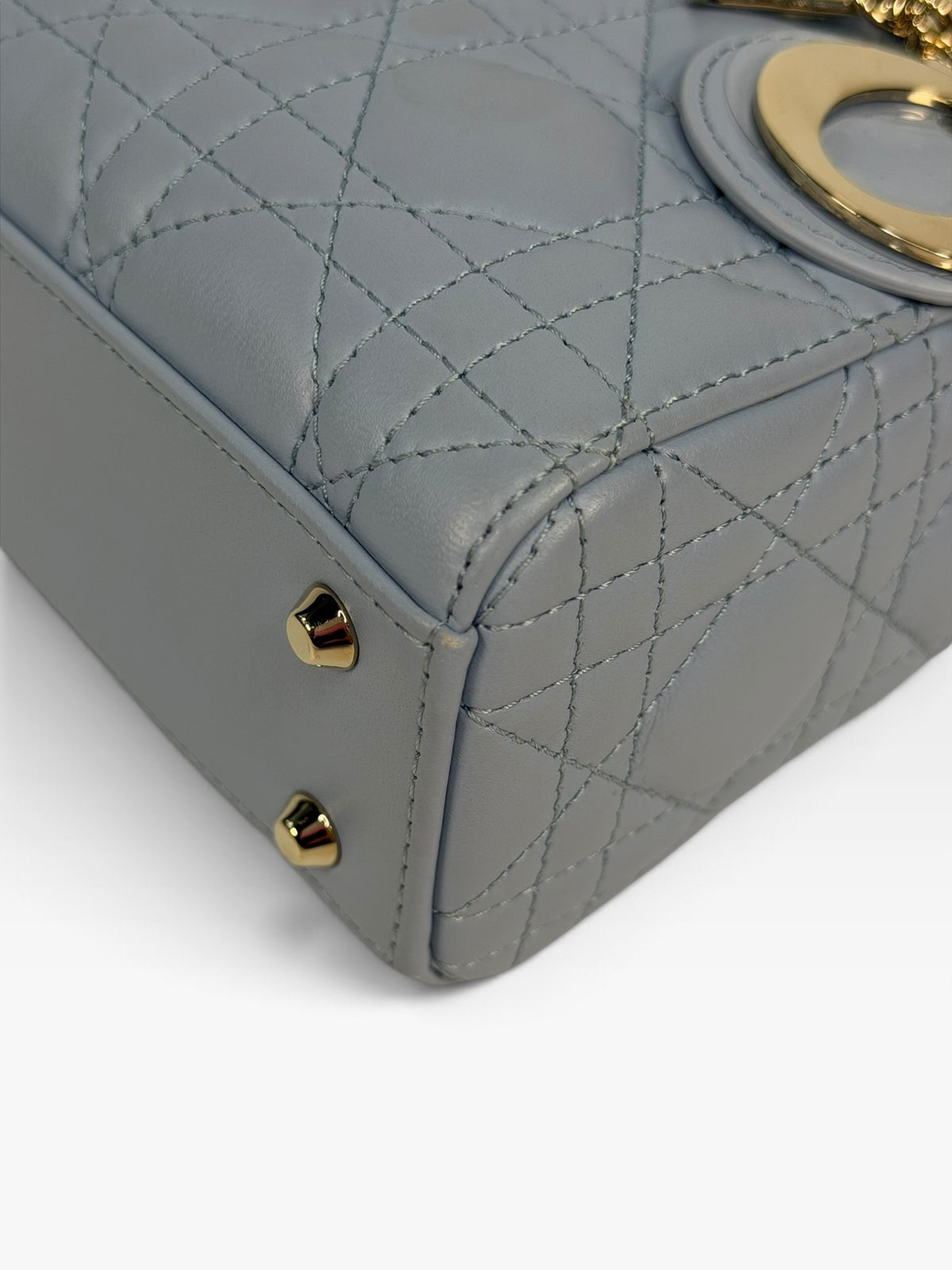 Christian Dior Mini Lady Dior In Pale Blue Cannage Leather With Pale Gold Hardware. 100% Authentic and Preloved in excellent condition. 100% Guarantee