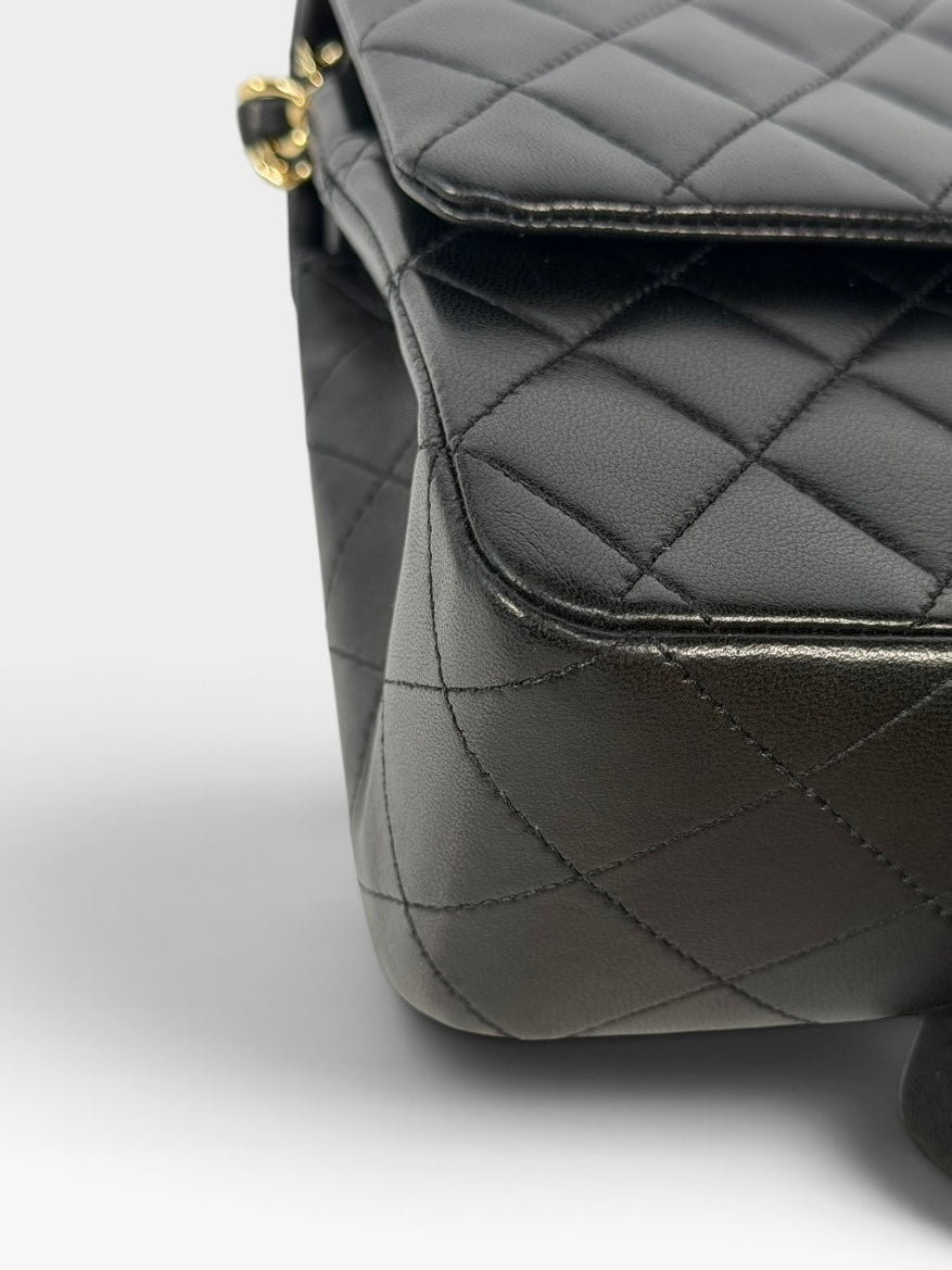 Chanel Medium Classic Double Flap In Black Lambskin Leather With Gold Hardware. 100% authentic and preloved in excellent condition