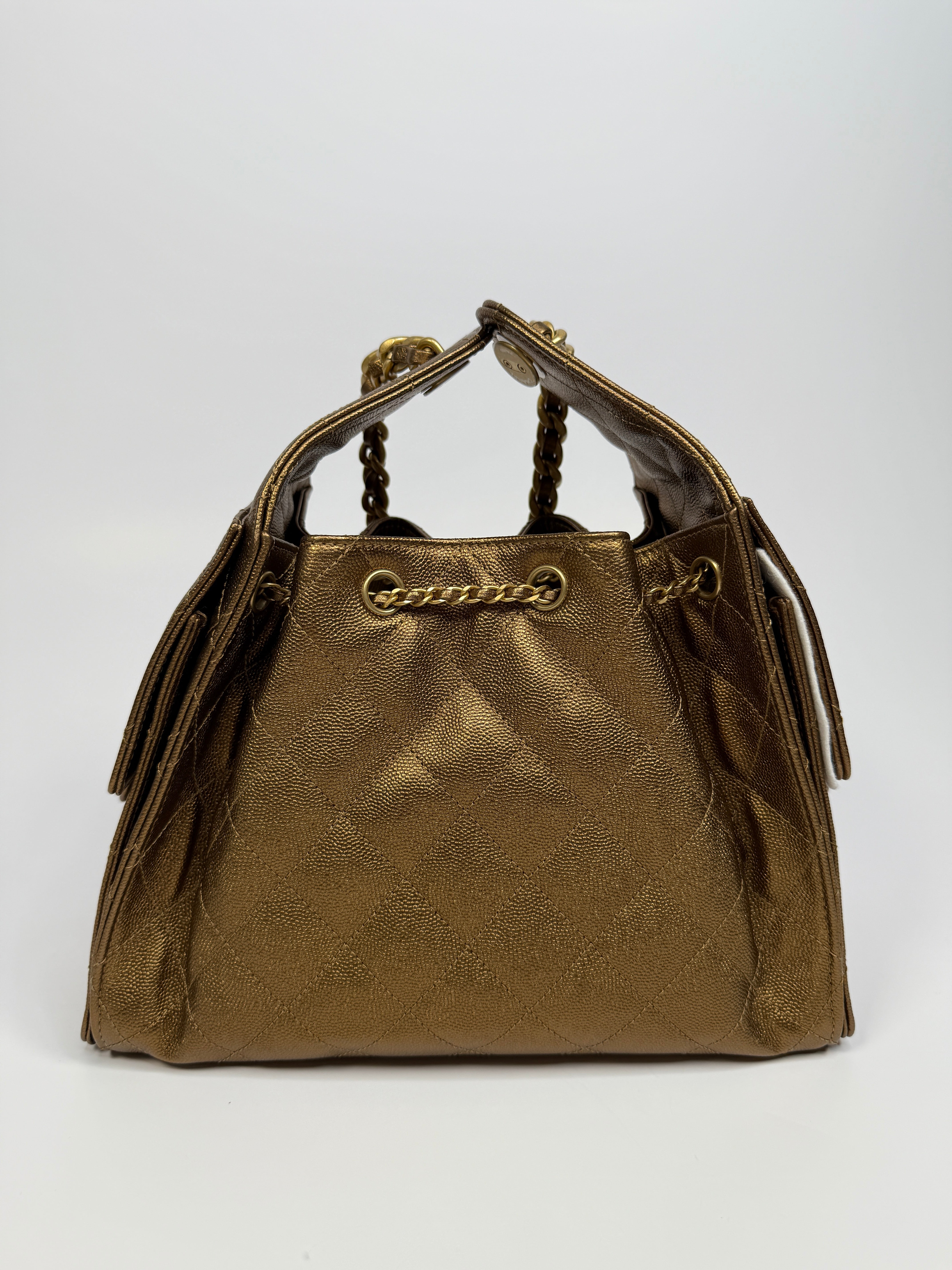 Authentic pre loved Chanel 25 Small In Metallic Bronze Caviar Leather With Gold hardware