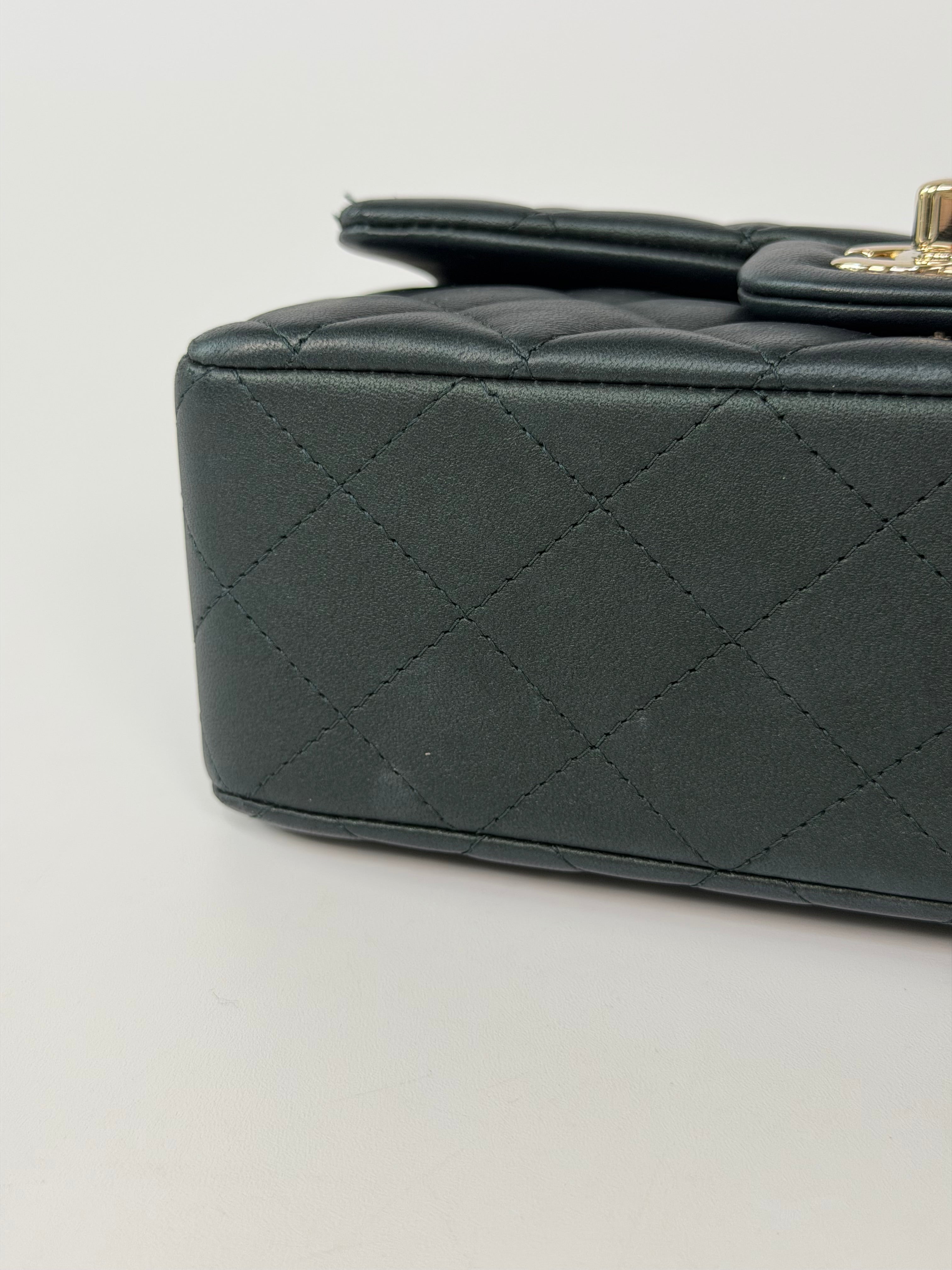 Chanel Mini Rectangle Top Handle In Metallic Green Lambskin Leather Gold Hardware. 100% authentic and preloved in excellent condition.